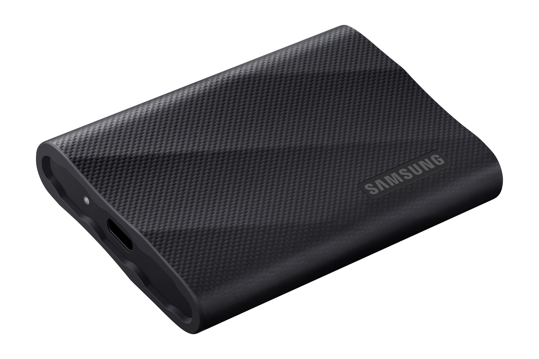 Czarny, teksturowany przenośny dysk SSD Samsung. Widoczne logo Samsung.