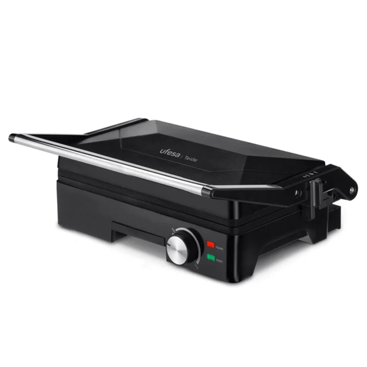 Schwarzer Ufesa Teride Sandwichmaker mit silbernem Griff und Drehregler.