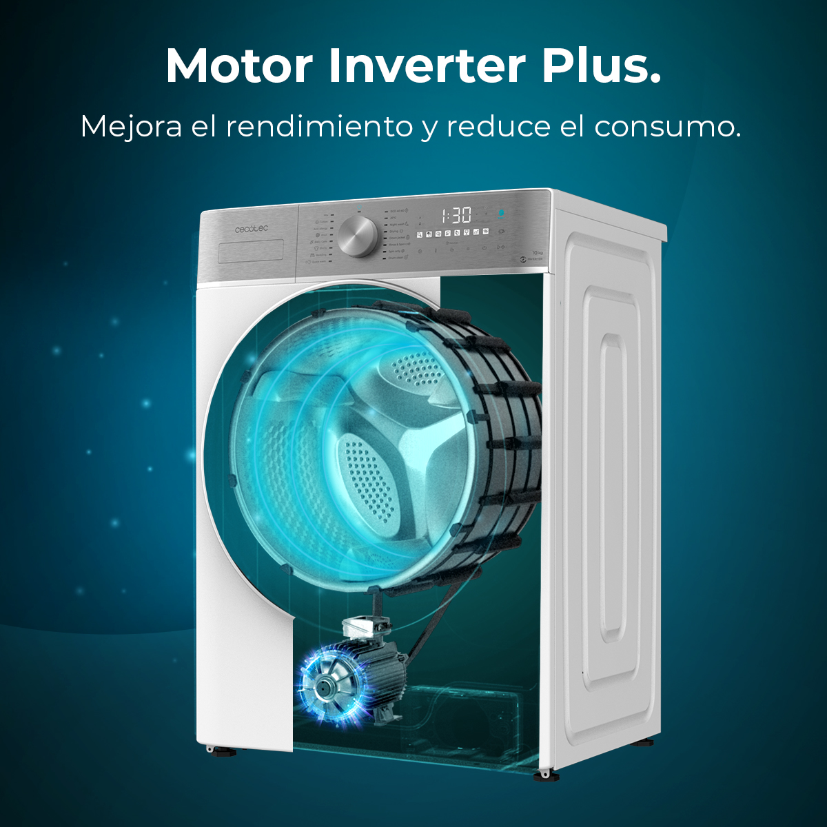 Una lavatrice con una sezione trasparente con un diagramma del motore e testo in spagnolo.
