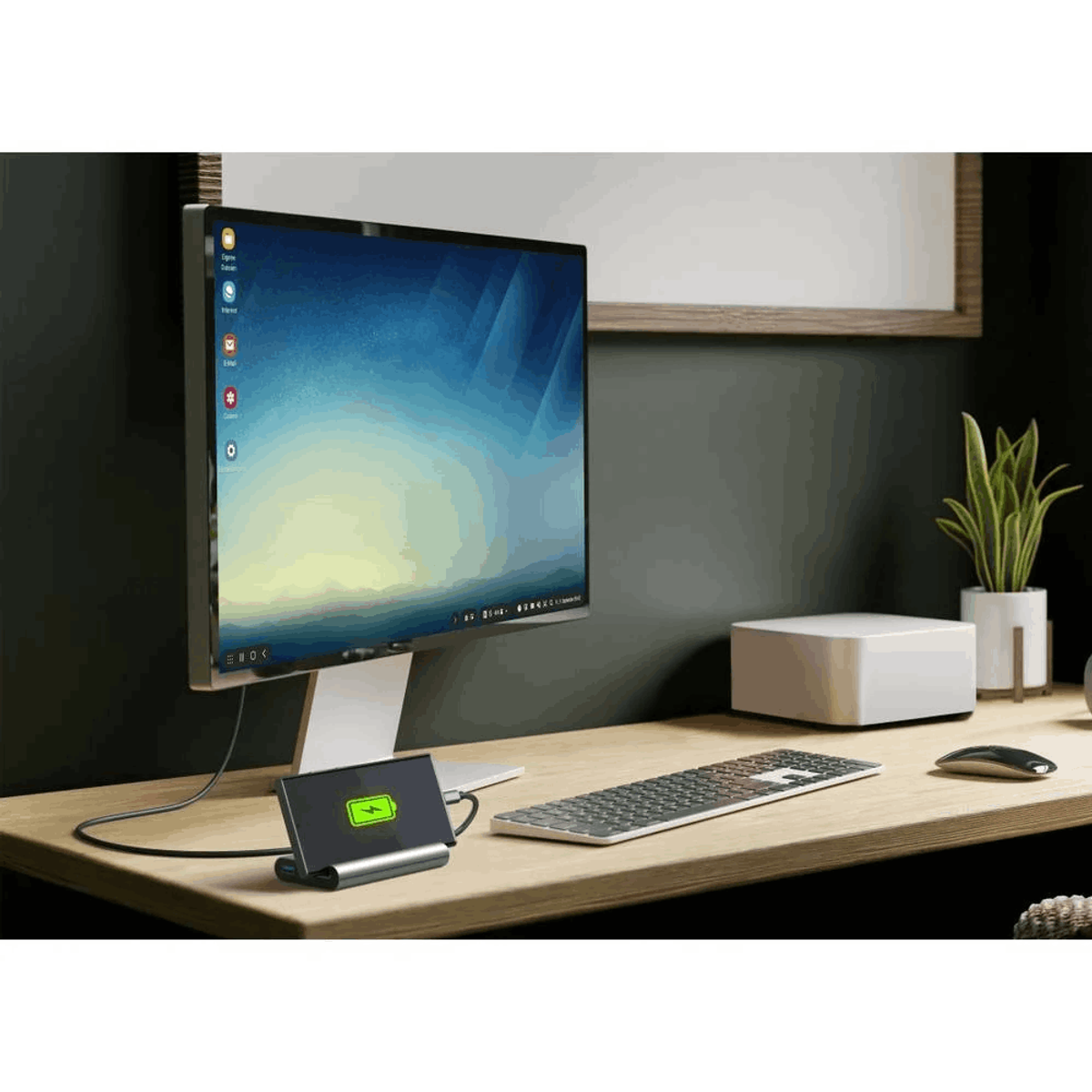 Ein Schreibtisch-Setup mit Monitor, Tastatur, Maus und einem Lade-Hub. Im Hintergrund eine Pflanze.