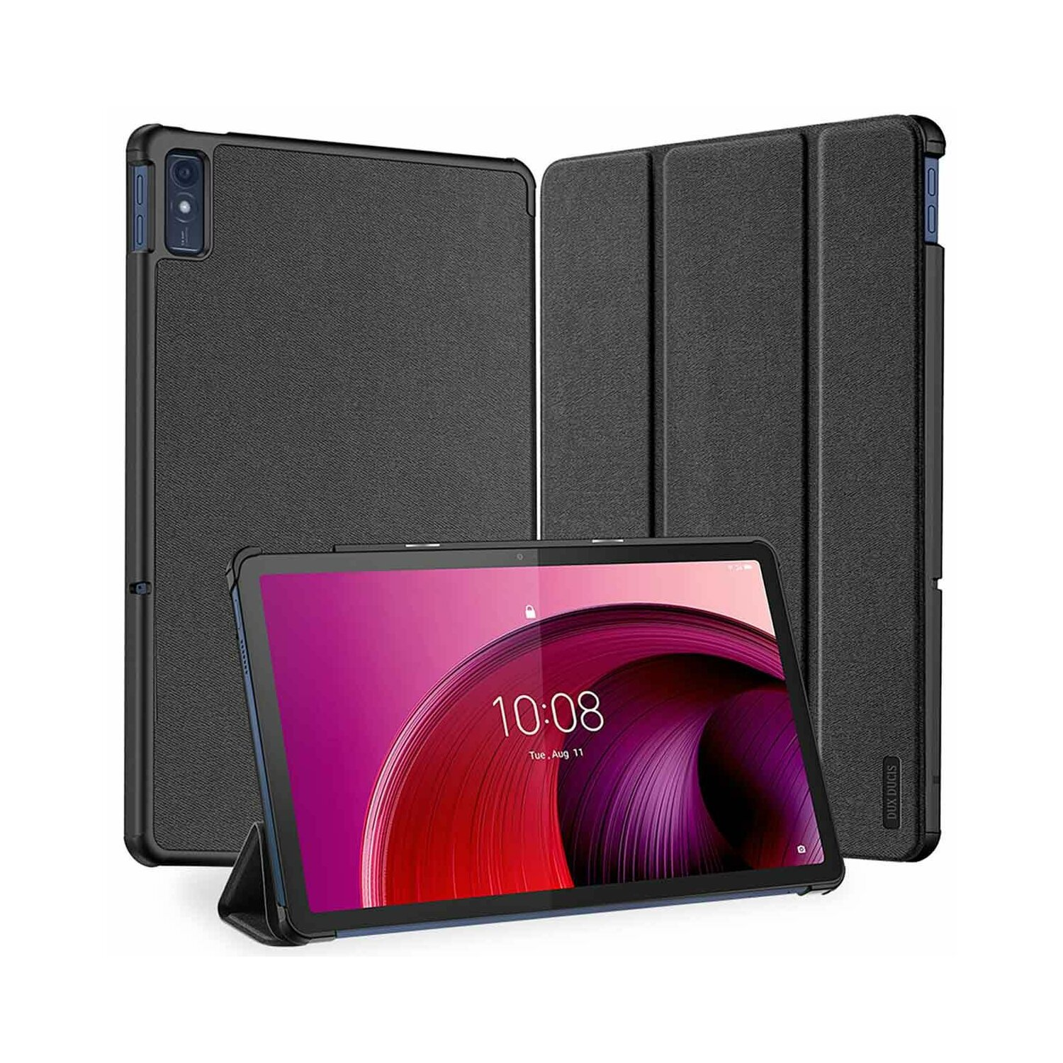 Schwarzes Tablet und Hüllen. Das Tablet zeigt die Uhrzeit. Weißer Hintergrund.