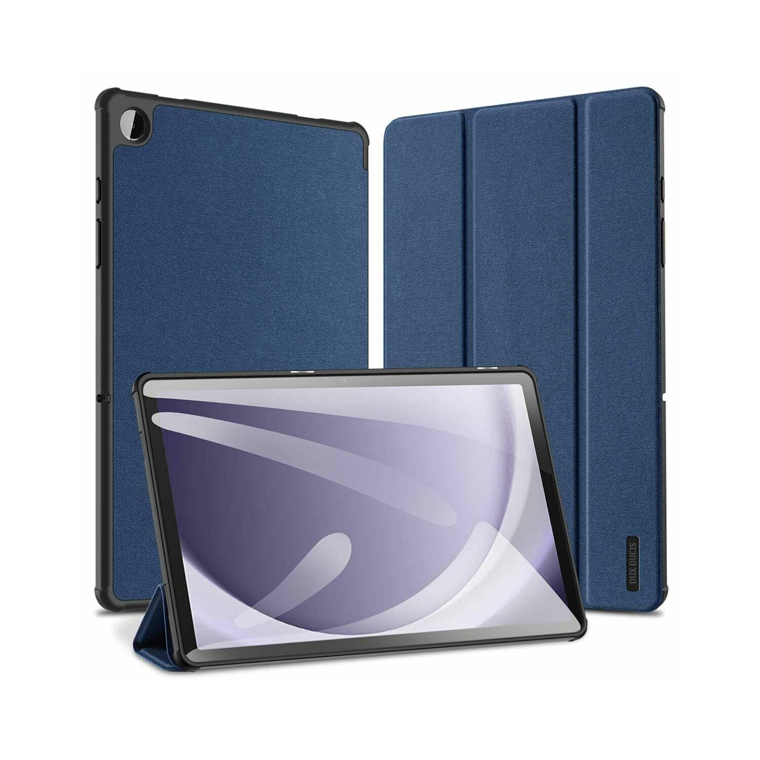 Blaue Tablet-Hülle. Tablet in blauer Hülle. Zwei weitere blaue Hüllen sichtbar.