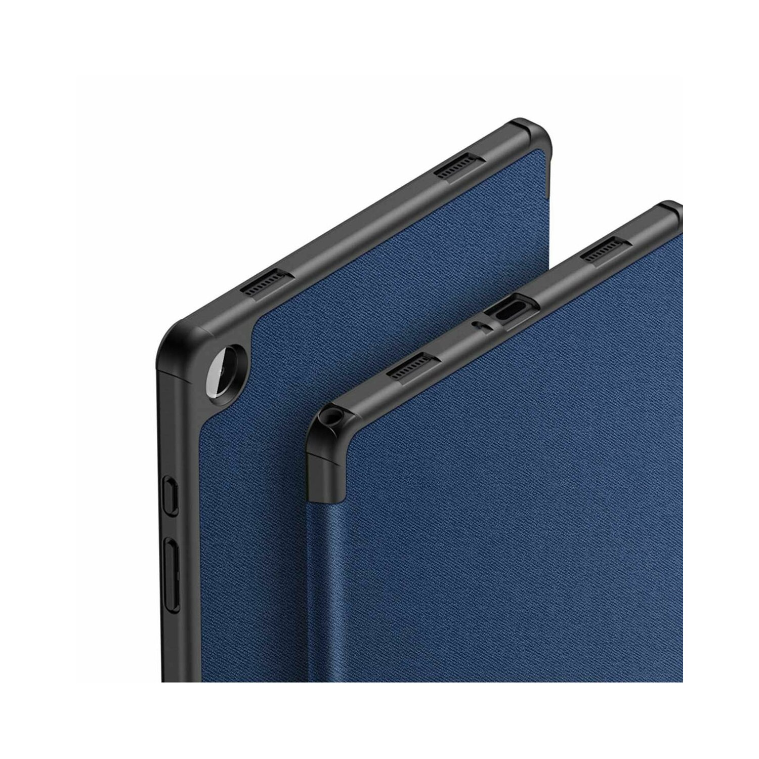 Zwei blaue Tablet-Hüllen, die schräg übereinander liegen. Die Hüllen bestehen aus einem blauen Stoff.