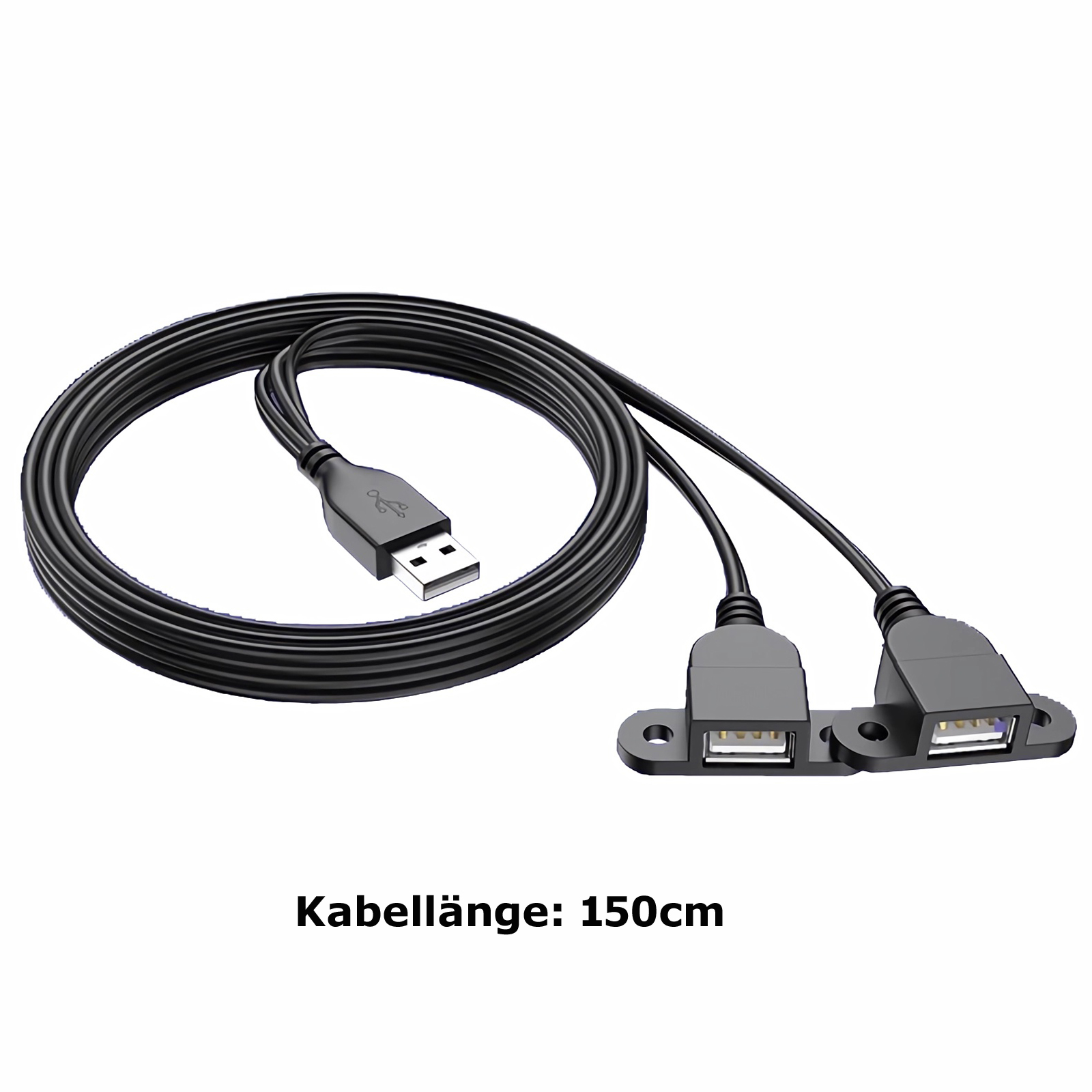 Schwarzer USB-Hub mit zwei Anschlüssen und langem schwarzen Kabel.