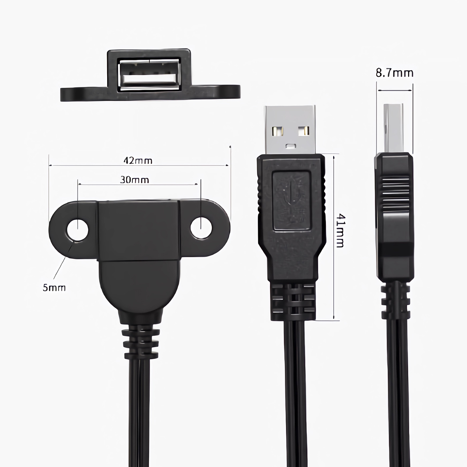Ein USB-Kabel mit Maßen und ein USB-Anschluss werden gezeigt. Die Komponenten befinden sich auf weißem Hintergrund.