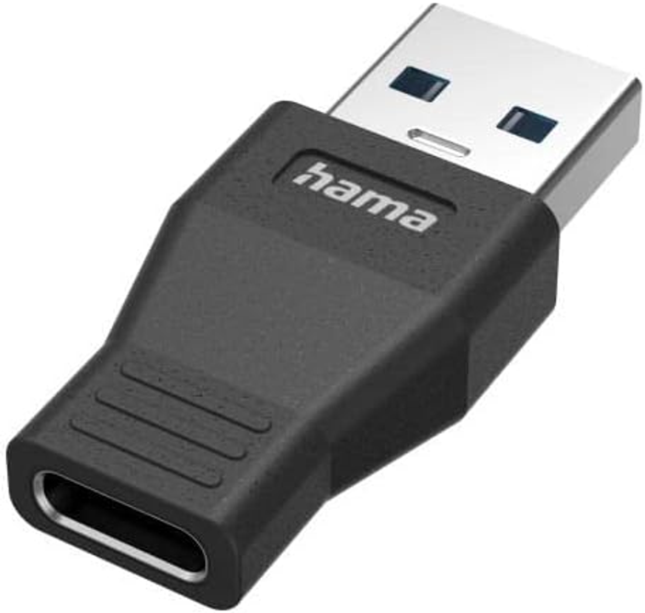 Ein schwarzer USB-C-zu-USB-A-Adapter mit 'hama'-Logo.
