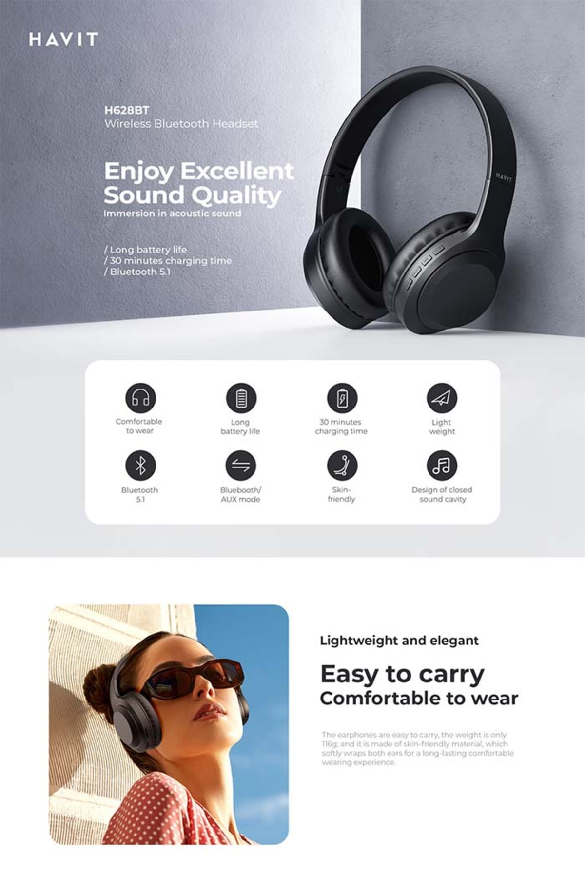 Auriculares inalámbricos negros con una mujer con gafas de sol.