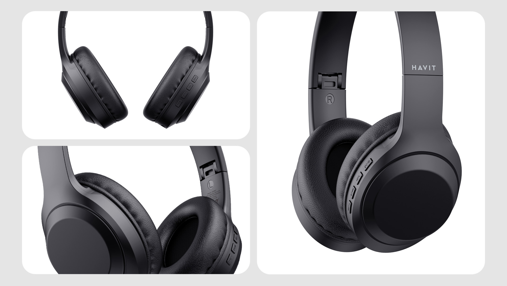 Tres imágenes de auriculares HAVIT negros. Primeros planos muestran auriculares y controles, sobre fondo blanco.