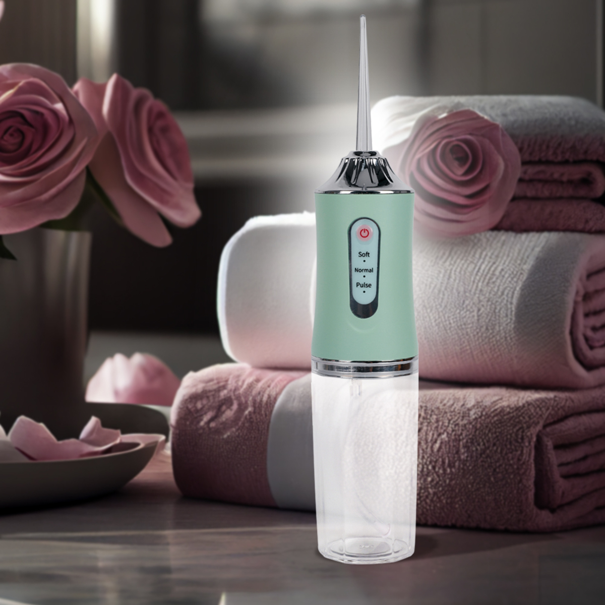 Irrigador oral, rosas rosas y toallas sobre una superficie. Hay un irrigador en la imagen.