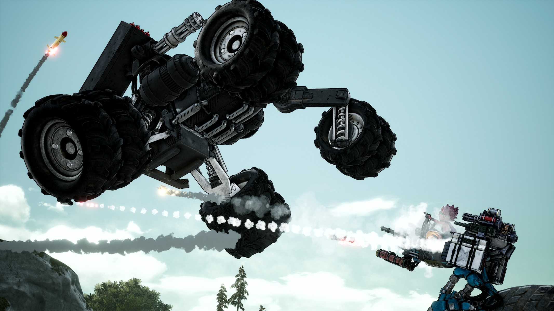 Scena walki z futurystycznym pojazdem strzelającym rakietami do postaci robota.