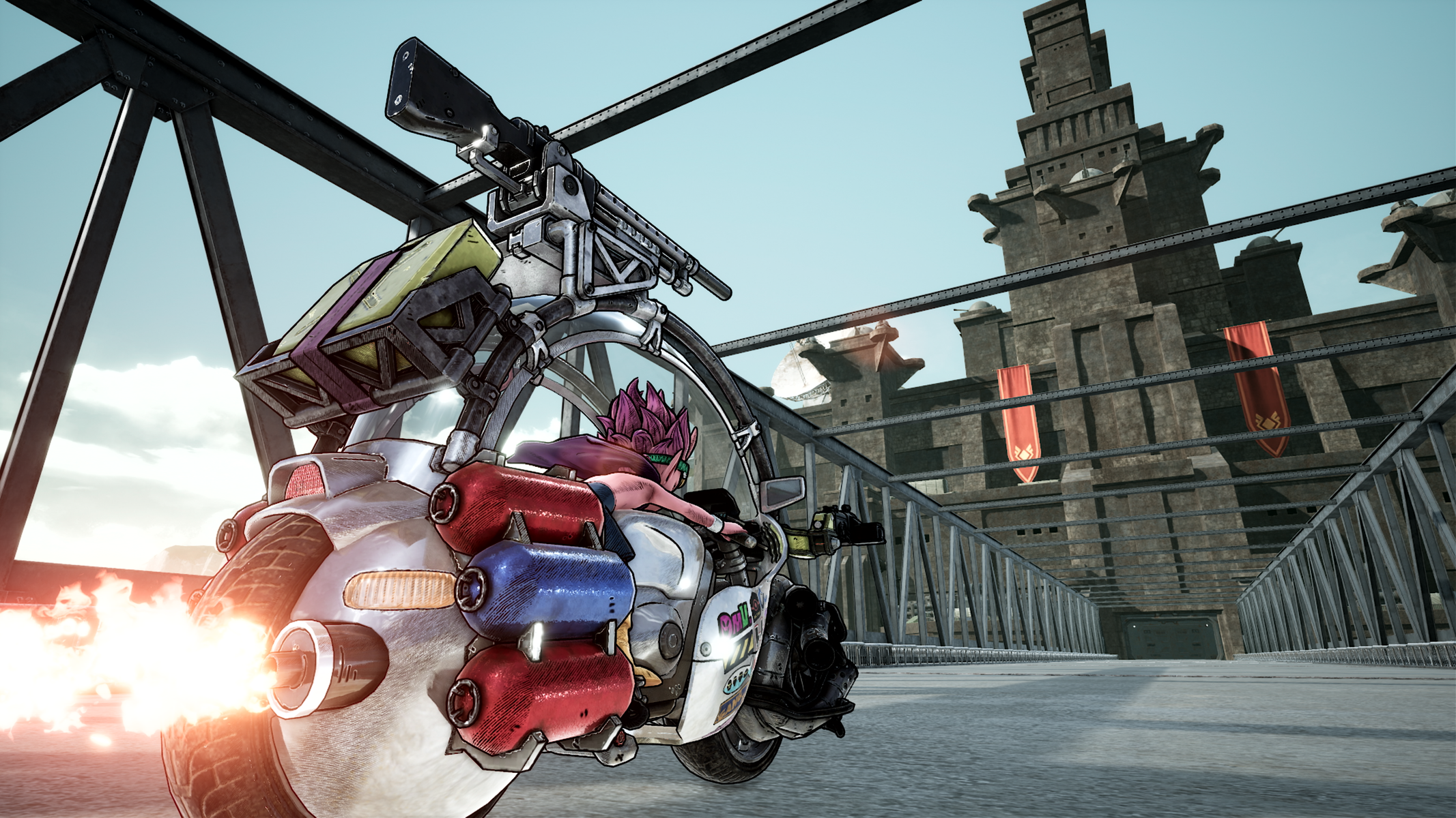 Futurystyczny motocykl na moście z panoramą miasta w tle. Płomienie z wydechu.