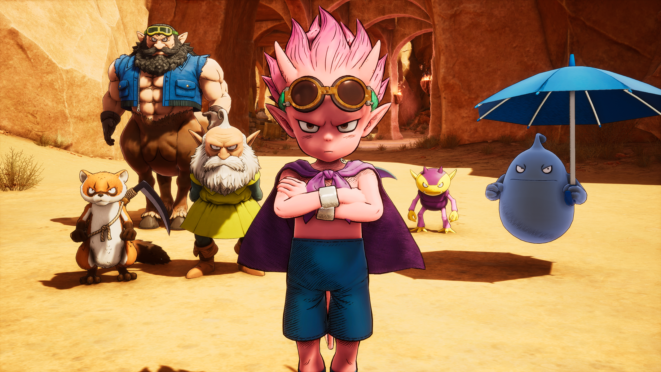 Postacie z kreskówek w scenerii pustynnej. Centralną postacią jest chłopiec z różowymi włosami i okularami przeciwsłonecznymi.