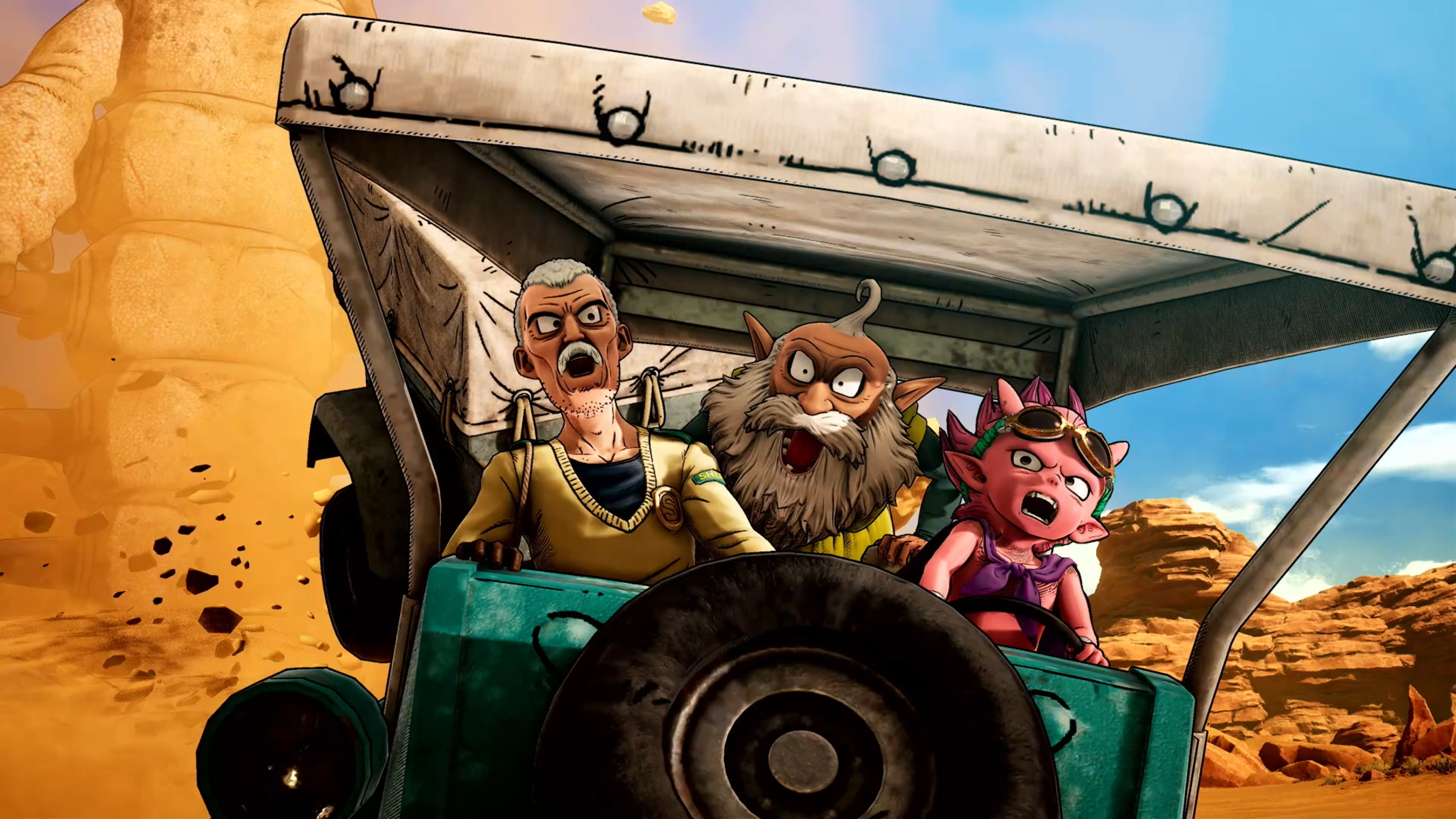 Animowane postacie w pojeździe na pustyni. Scena jest dynamiczna.