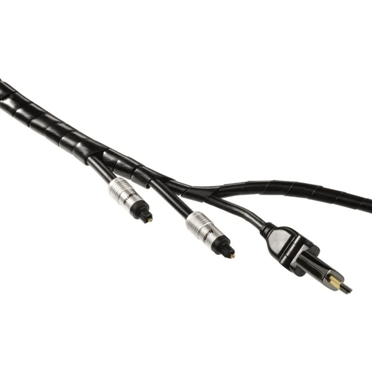 Czarne kable ze srebrnymi złączami, owinięte czarną spiralą. Zbliżenie na końce.