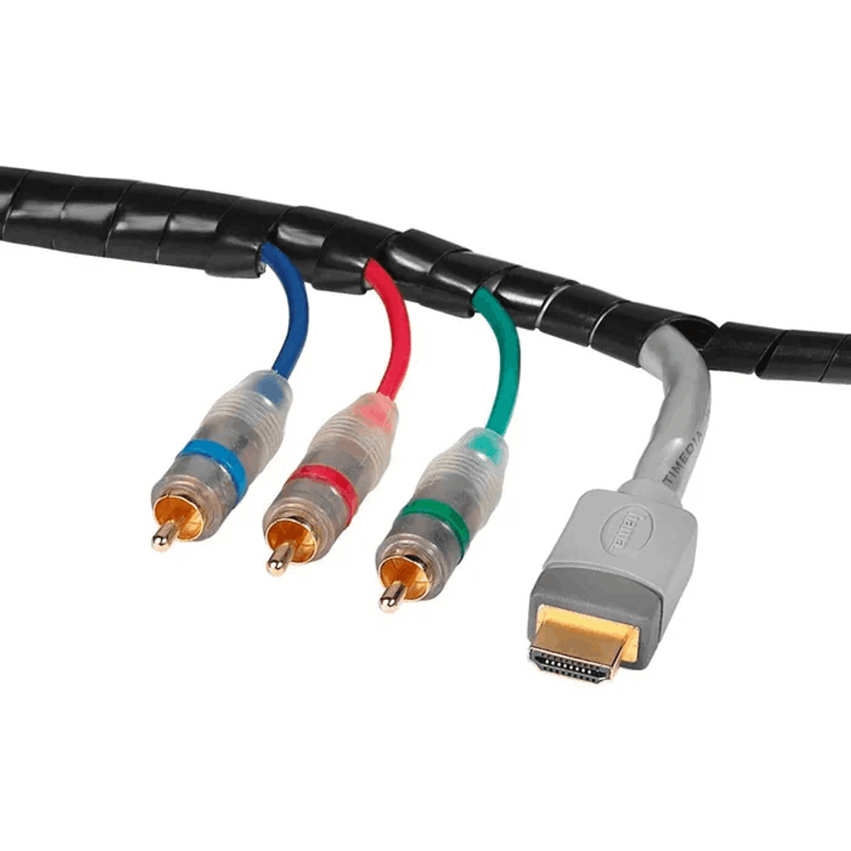 Cztery kable audio-wideo są podłączone i owinięte czarną spiralną osłoną.