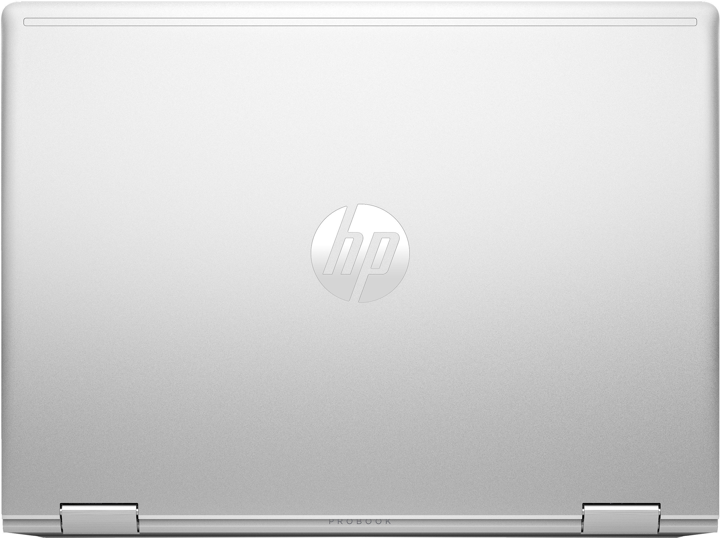 Laptop HP ProBook argentato, vista dall'alto. Il logo HP è centrato sul coperchio.