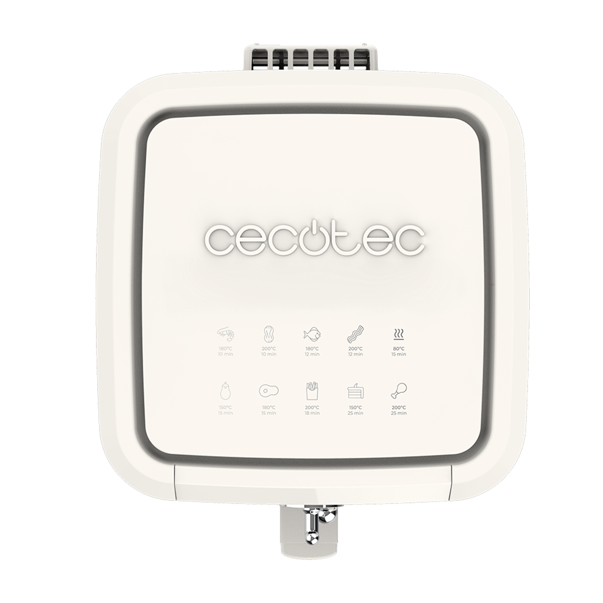 Biały panel sterowania frytkownicy Cecotec z ikonami i ustawieniami.