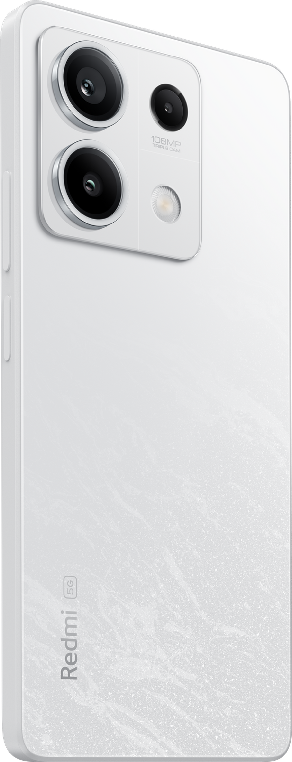 Un smartphone blanco con triple cámara trasera. El teléfono está en ángulo, mostrando el lateral.