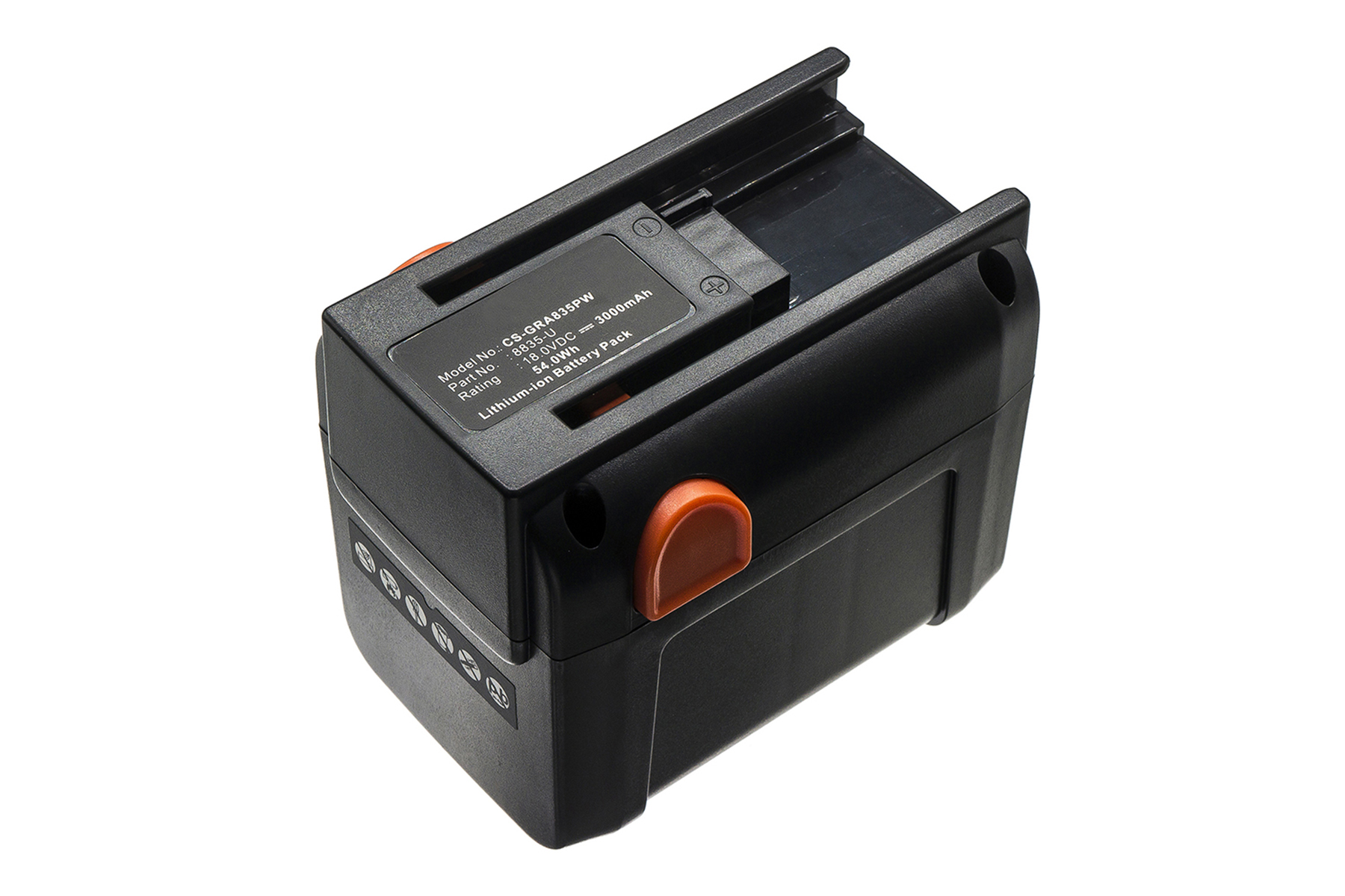 Un pacco batteria agli ioni di litio nero per un utensile elettrico. Sono visibili pulsanti arancioni.