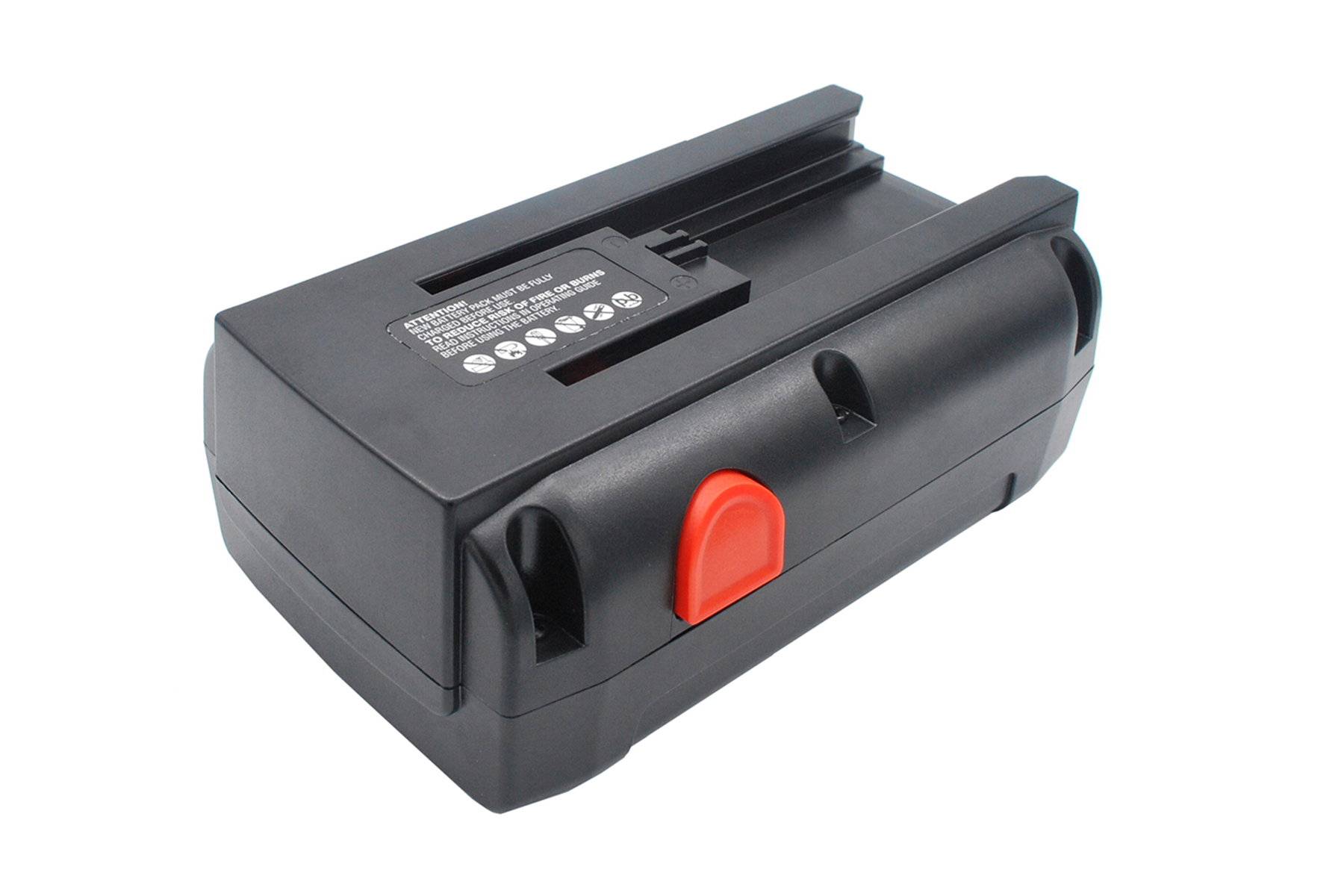 Un pacco batteria nero con un pulsante rosso e l'etichetta 'Attention'.