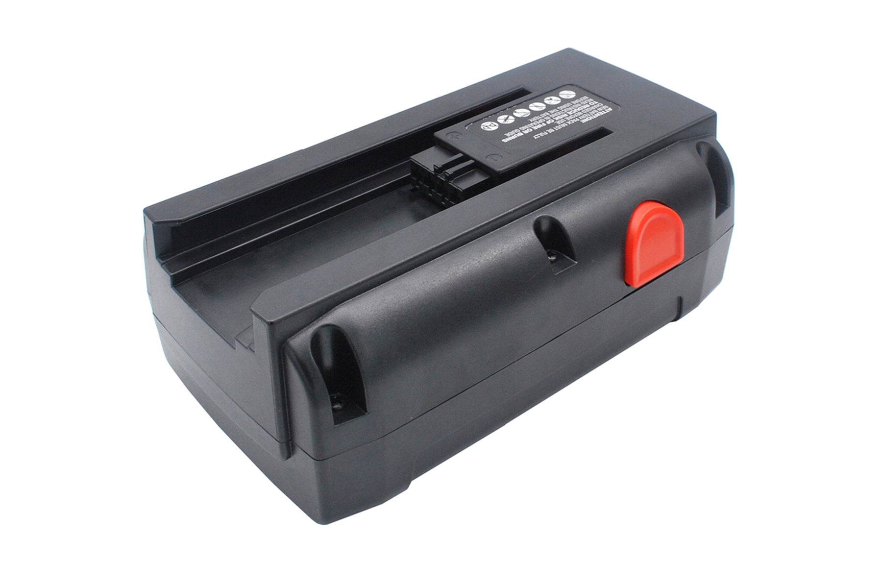 Una batteria nera con un pulsante rosso. È per un utensile elettrico e si trova su uno sfondo bianco.