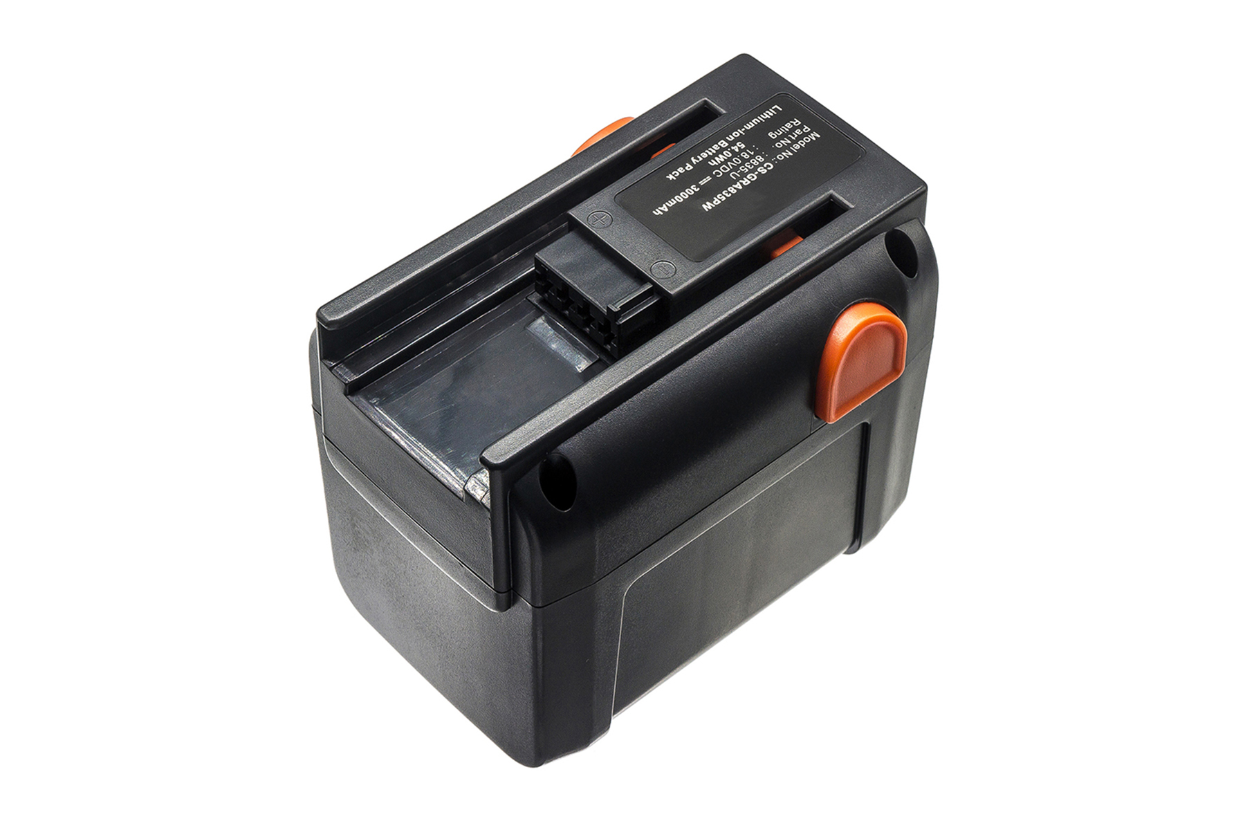 Un pacco batteria per trapano avvitatore nero con dettagli arancioni ed etichetta è mostrato su sfondo bianco.