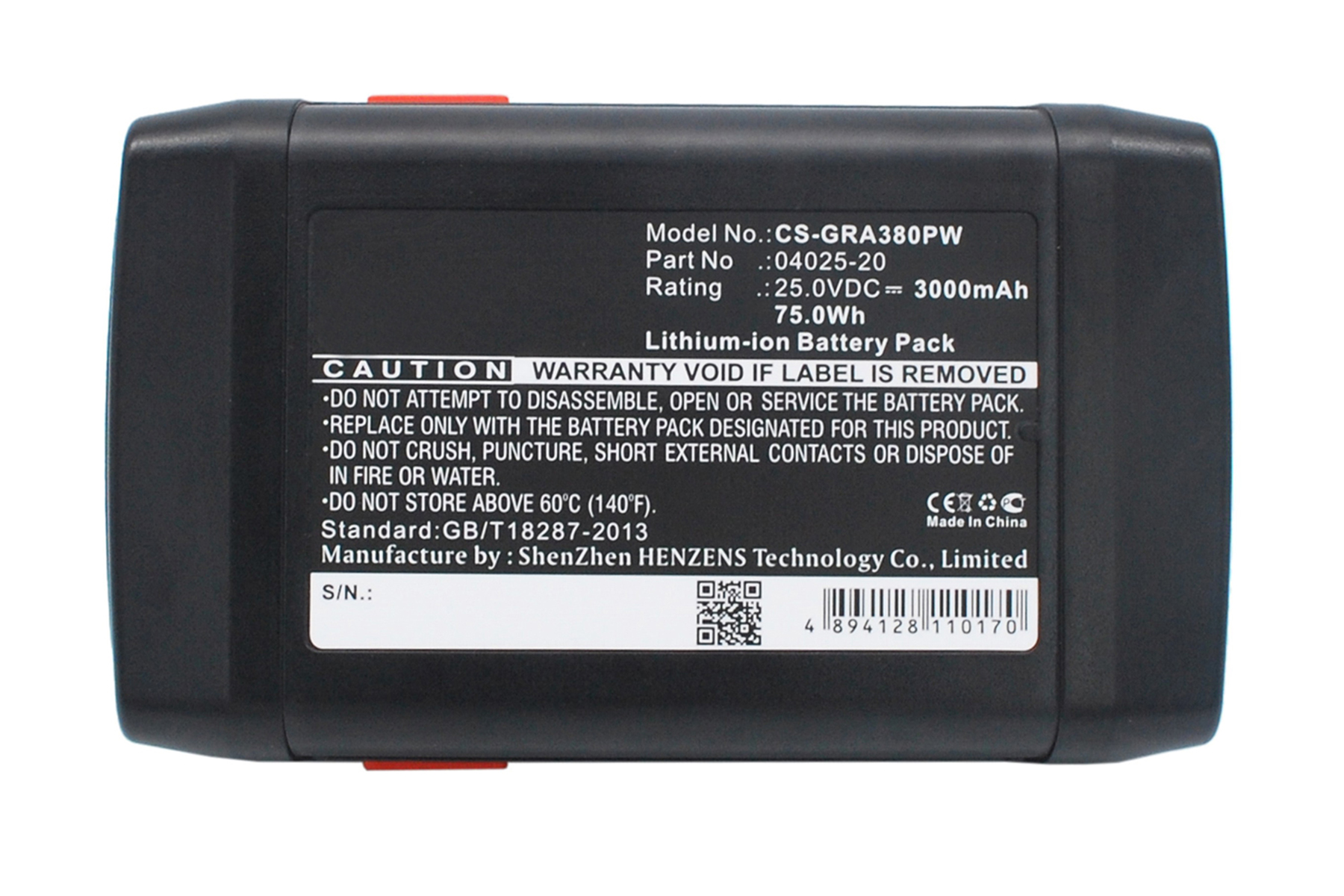 Un pacco batteria nero con testo. Il testo include avvertenze e specifiche.