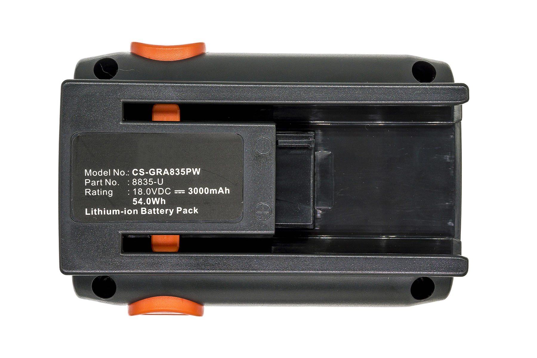 Un pacco batteria agli ioni di litio nero con accenti arancioni, etichette informative su sfondo bianco.