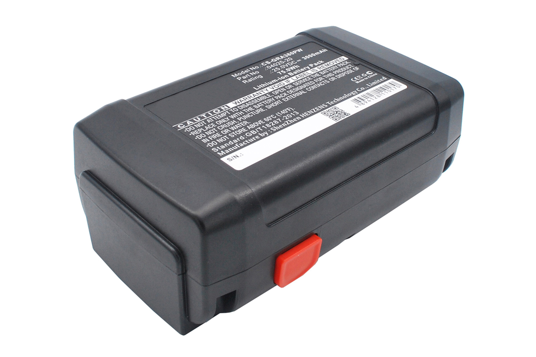 Un pacco batteria nero con un pulsante rosso e un'etichetta, su sfondo bianco.
