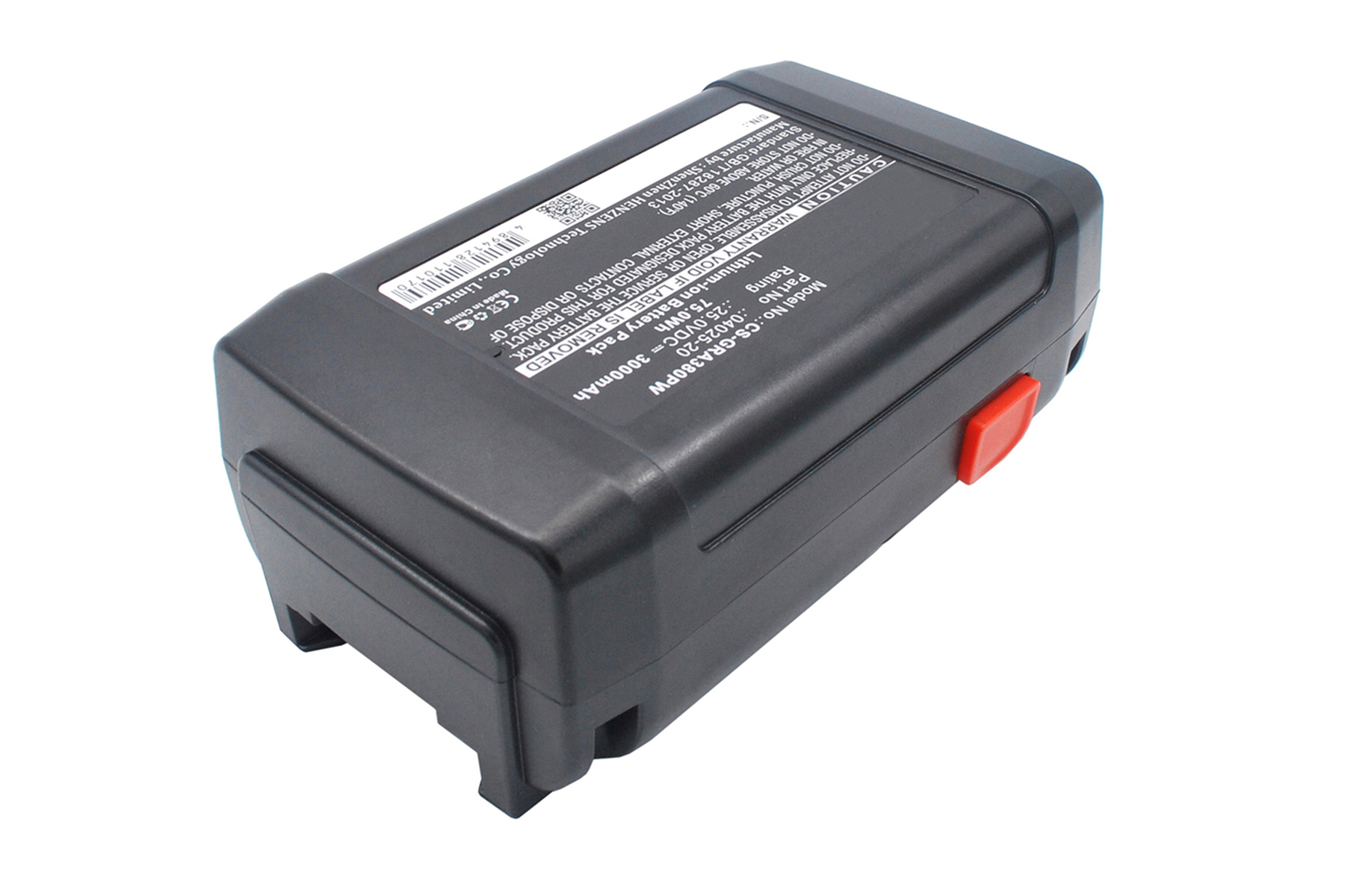 Un pacco batteria nero e grigio con un pulsante rosso ed etichette di avvertimento.