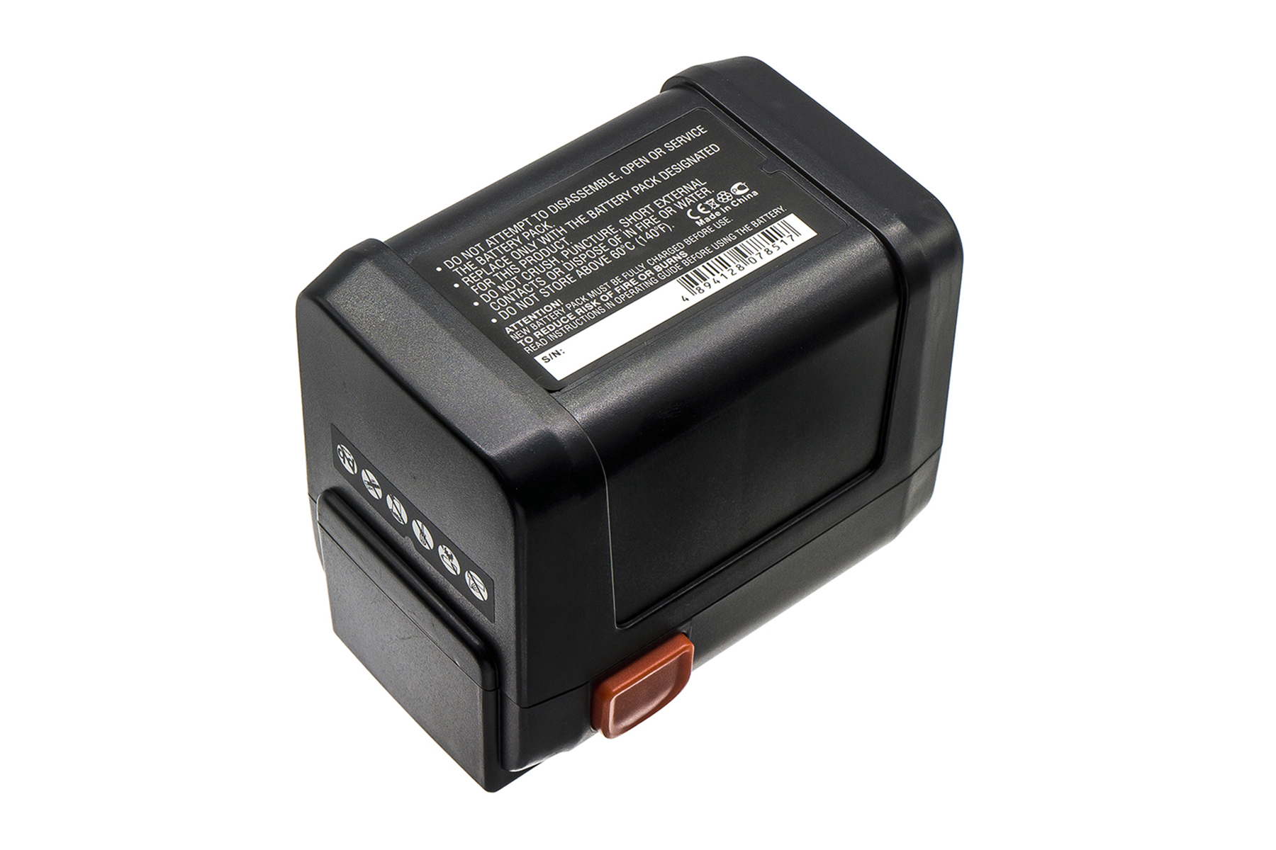 Pacco batteria nero con un pulsante rosso ed etichette di avvertimento. L'etichetta contiene informazioni sulla batteria.