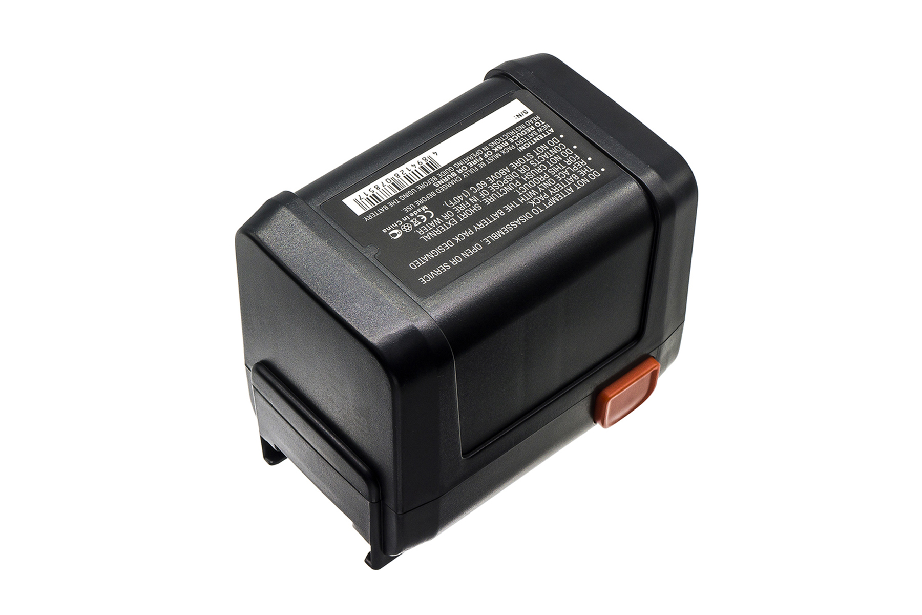 Pacco batteria nero con pulsante arancione, vista angolata, sfondo bianco.