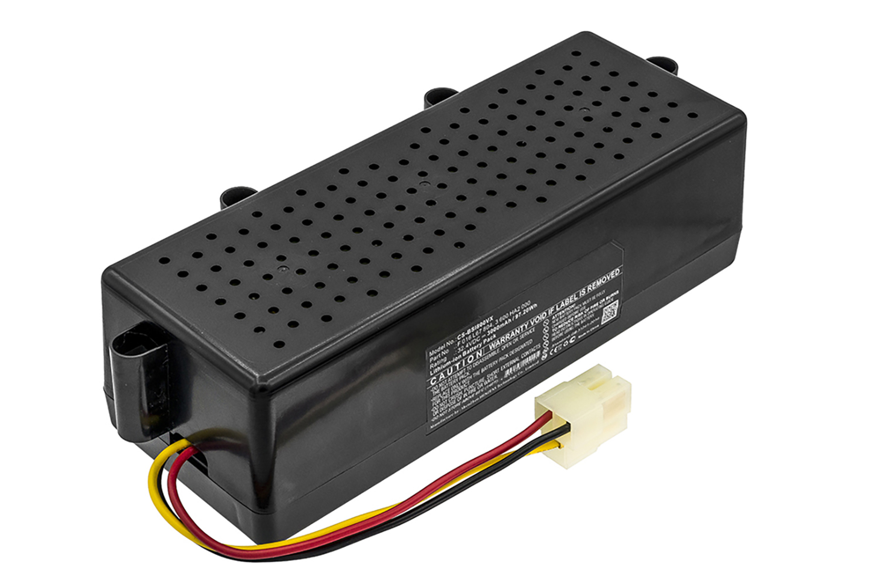 Una batteria nera con un connettore e una griglia. Nero con testo bianco.