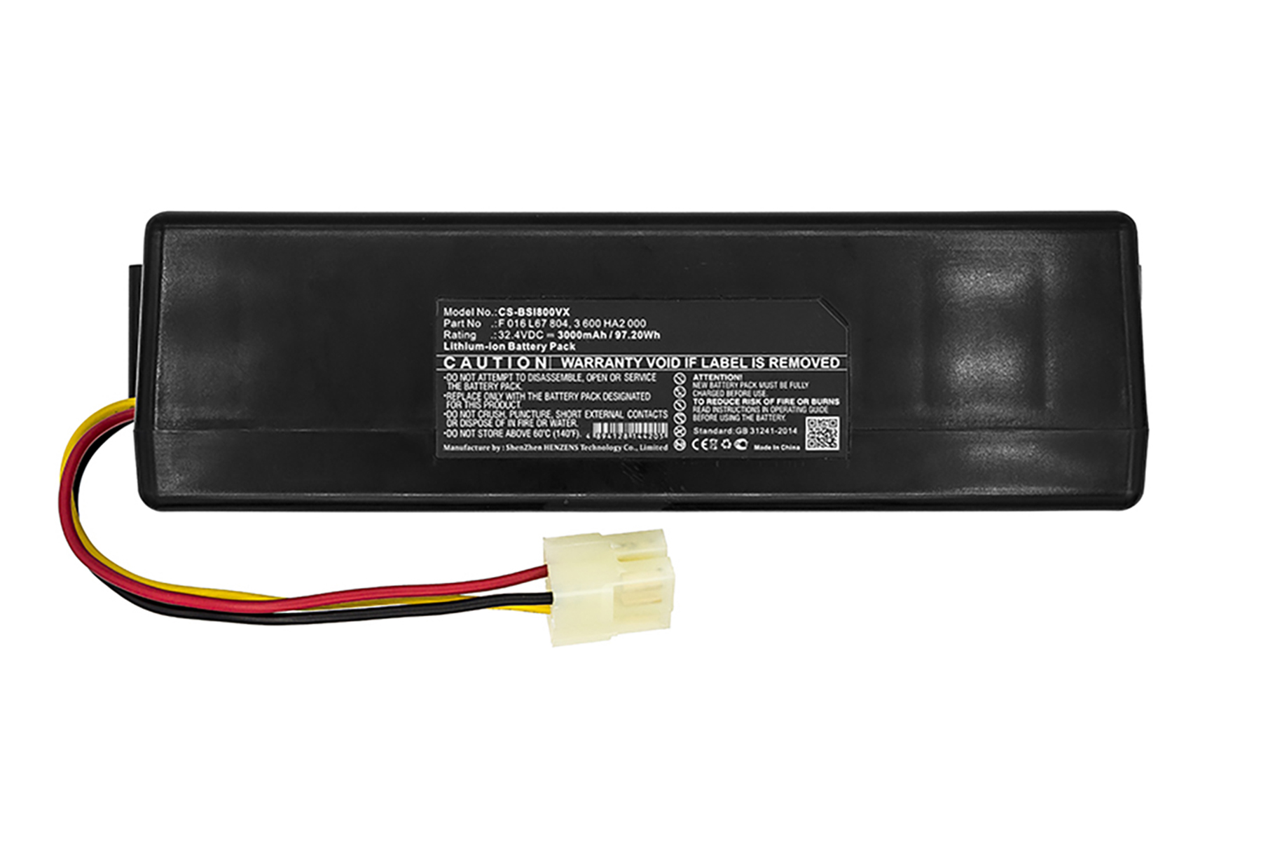 Batteria nera con etichetta e cavo giallo, rosso e nero.