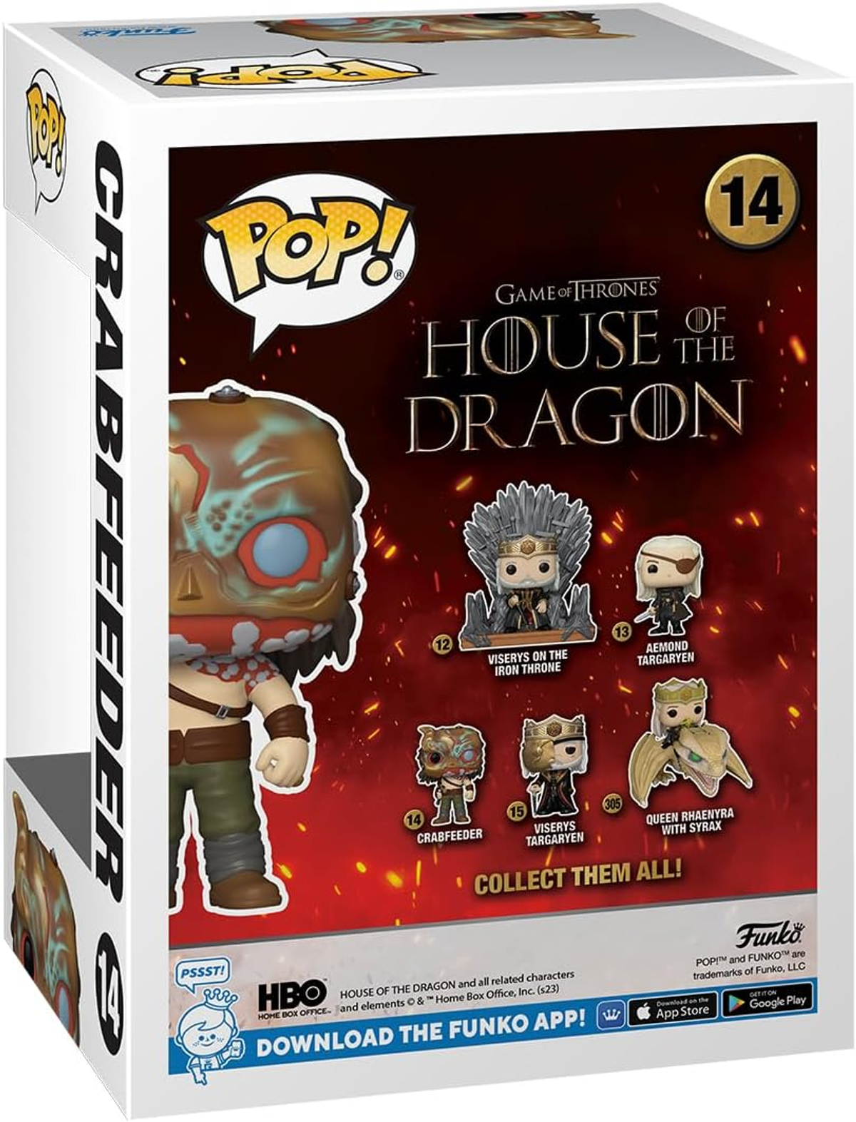 Eine Funko Pop-Box mit der Crabfeeder-Figur aus House of the Dragon.