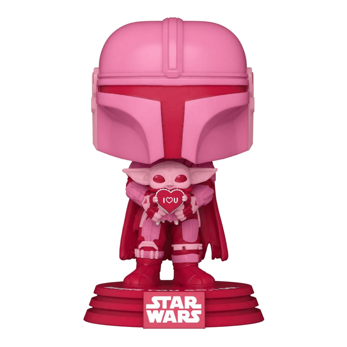 Eine pinkfarbene Mandalorian Grogu Funko Pop-Figur, die ein herzförmiges 