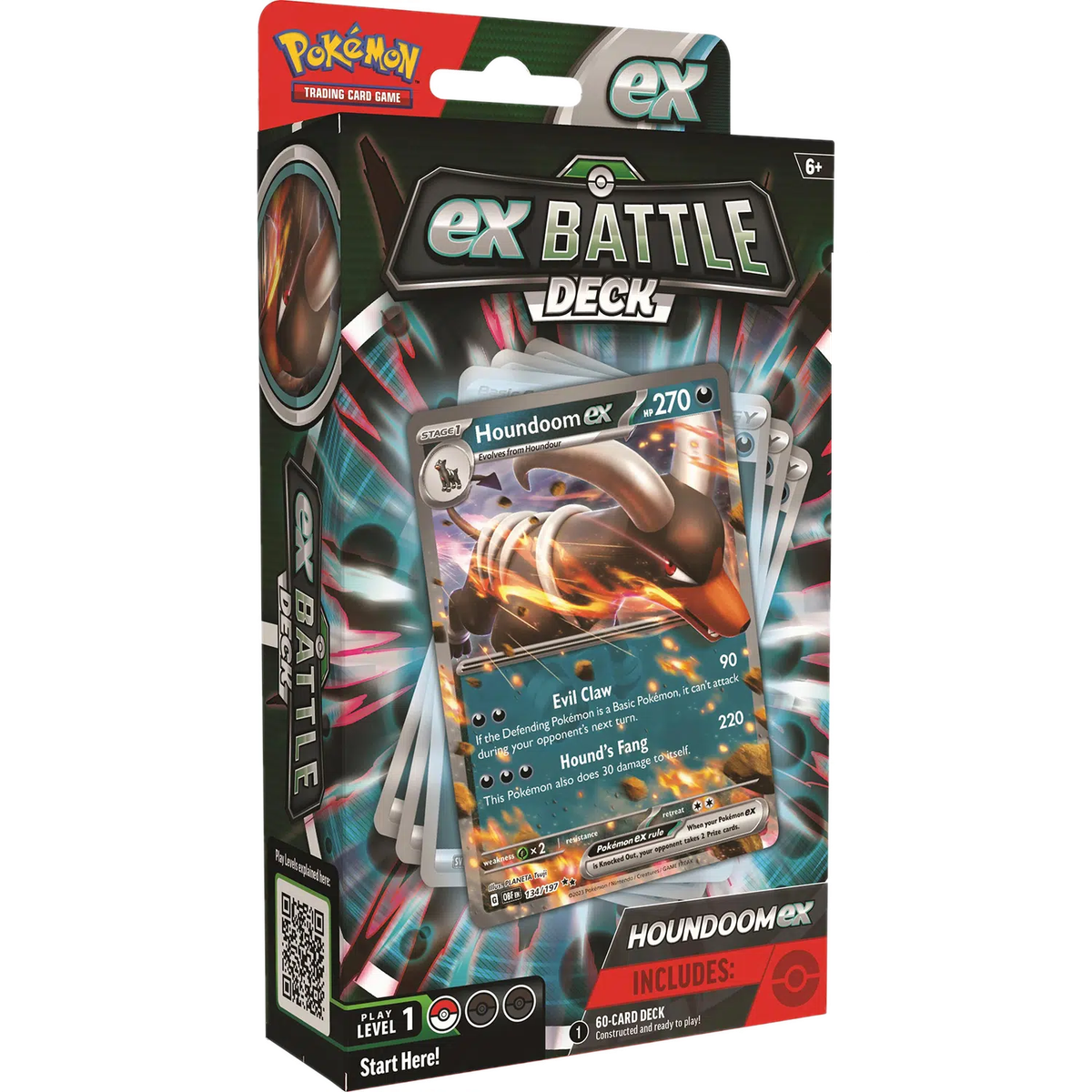 Una caja de Pokemon EX Battle Deck con una carta Houndoom EX y otras cartas visibles.
