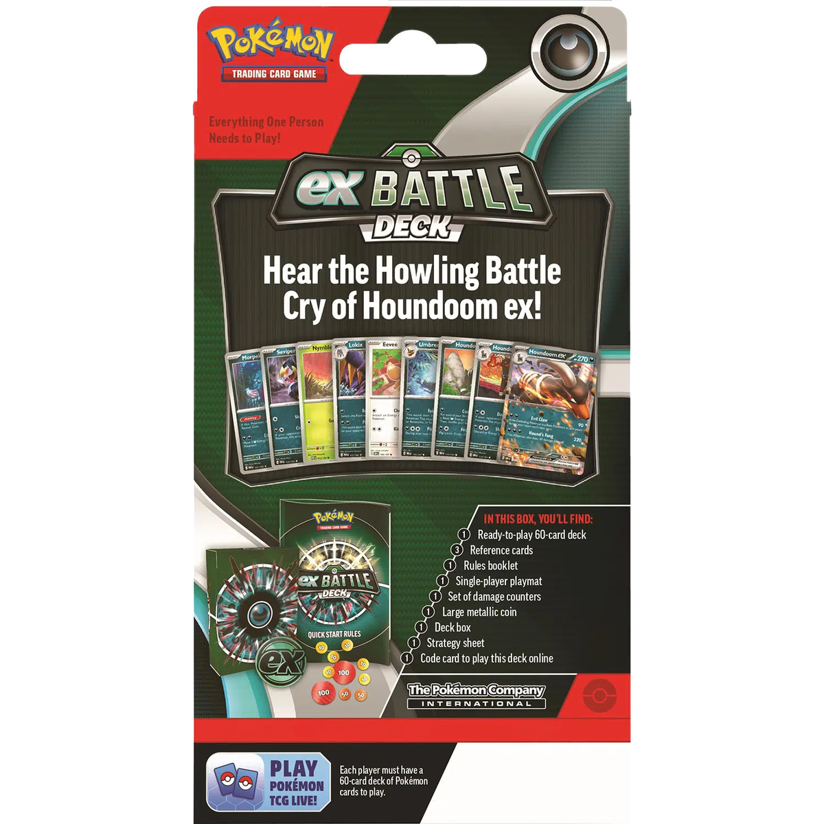 Una caja de mazo de batalla Pokémon TCG EX. El frente muestra cartas y un texto que dice 'Hear the Howling Battle'.