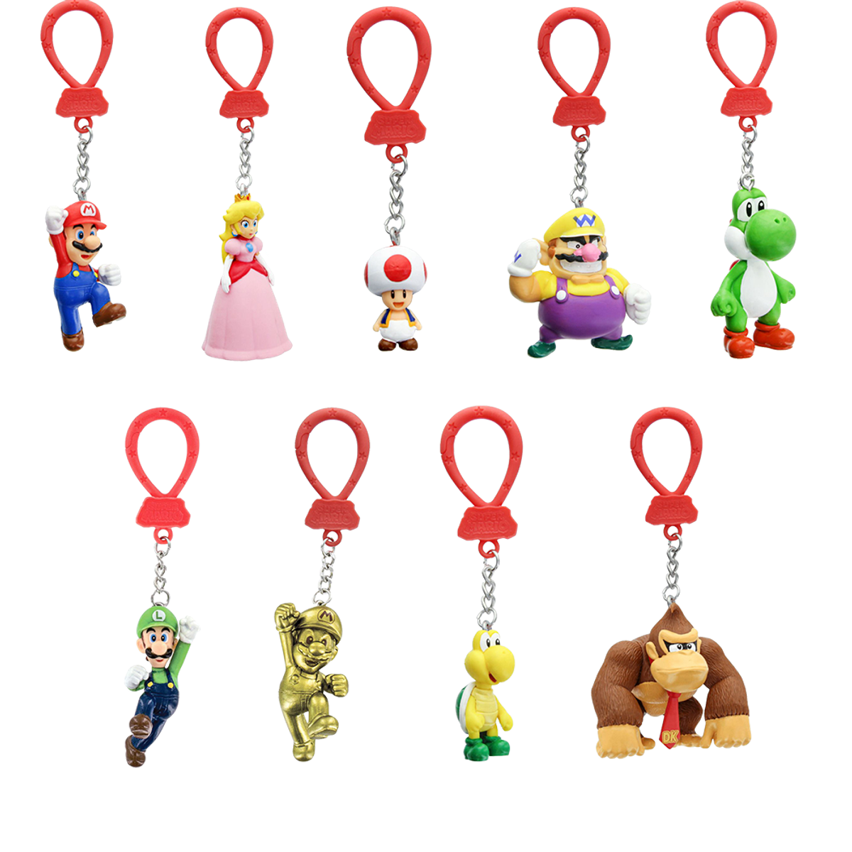 Llaveros de personajes de Mario. Incluye a Mario, Peach, Toad, Wario, Yoshi, Luigi, y más.