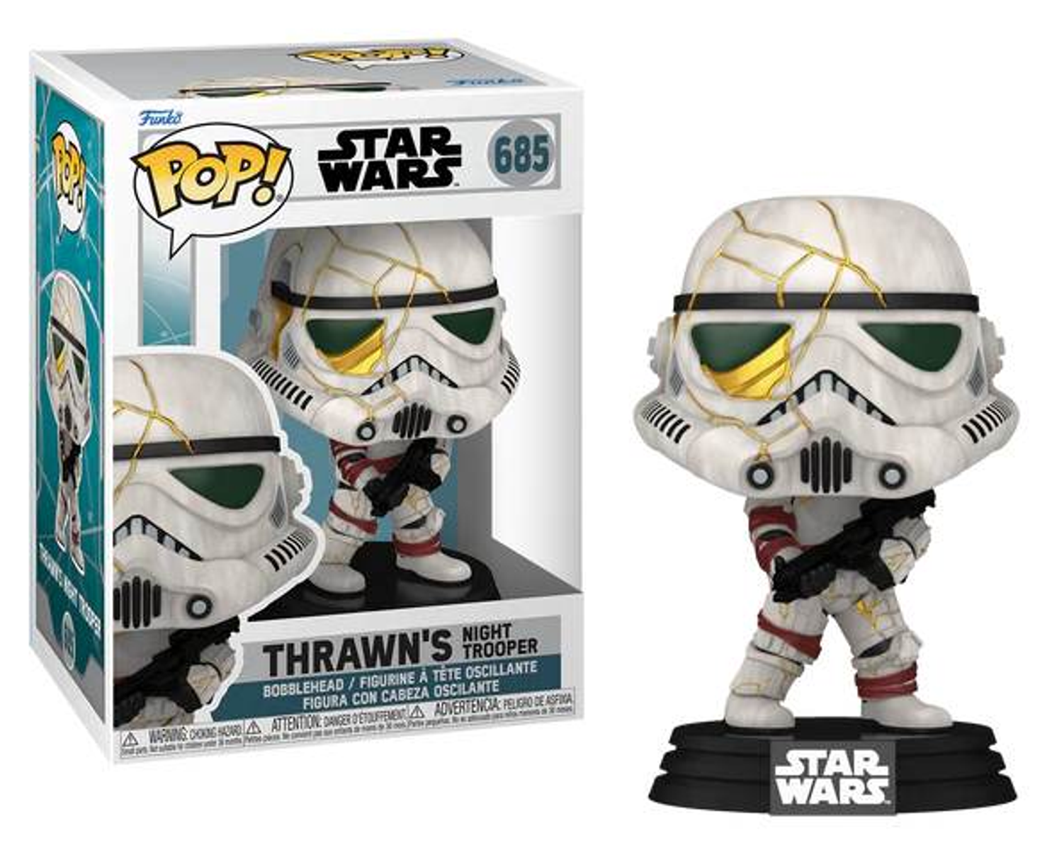Figurka Star Wars białego i złotego szturmowca w pudełku wystawowym.