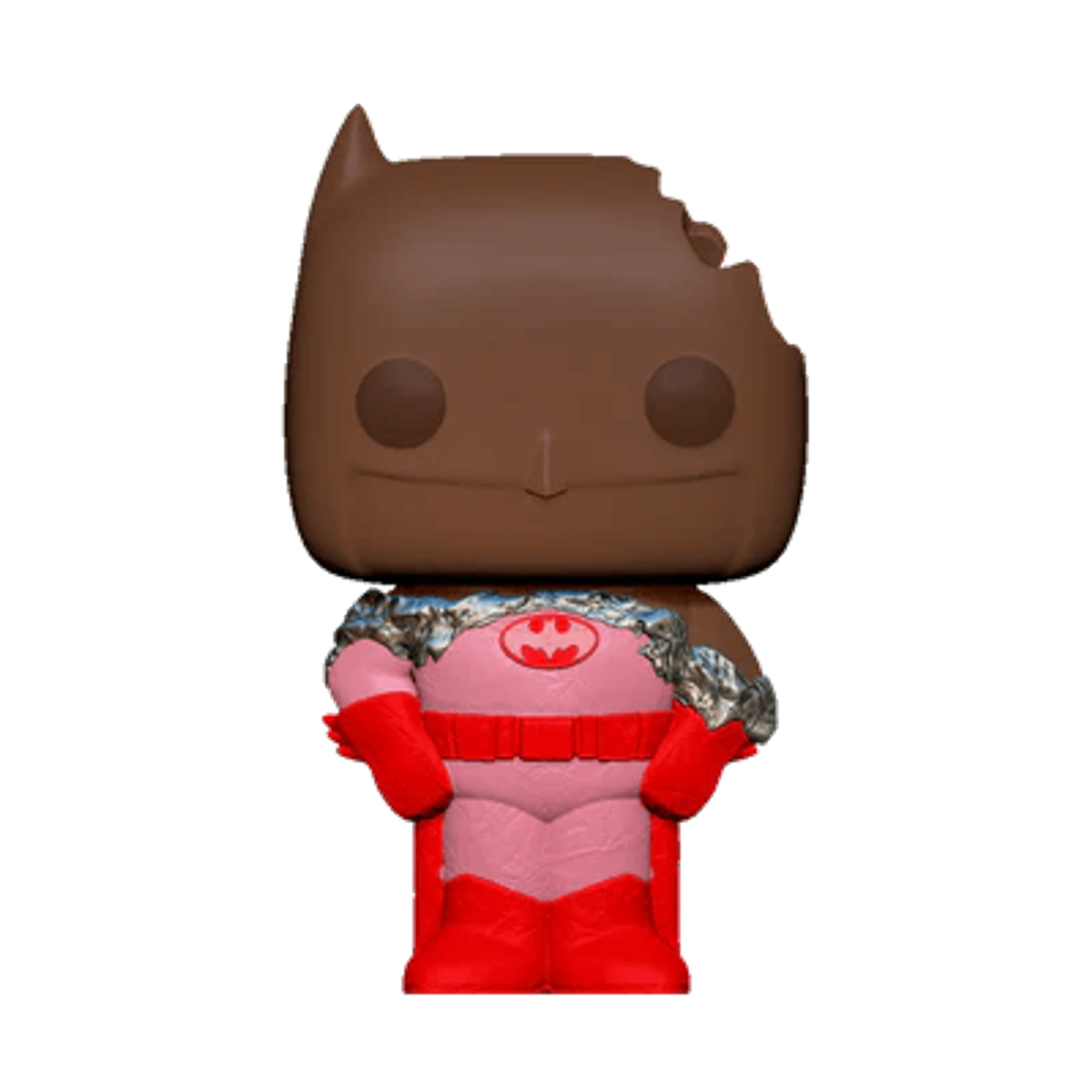 Figura Funko Pop di Batman. Testa marrone, corpo rosa con logo Batman, guanti e stivali rossi. Sfondo nero.