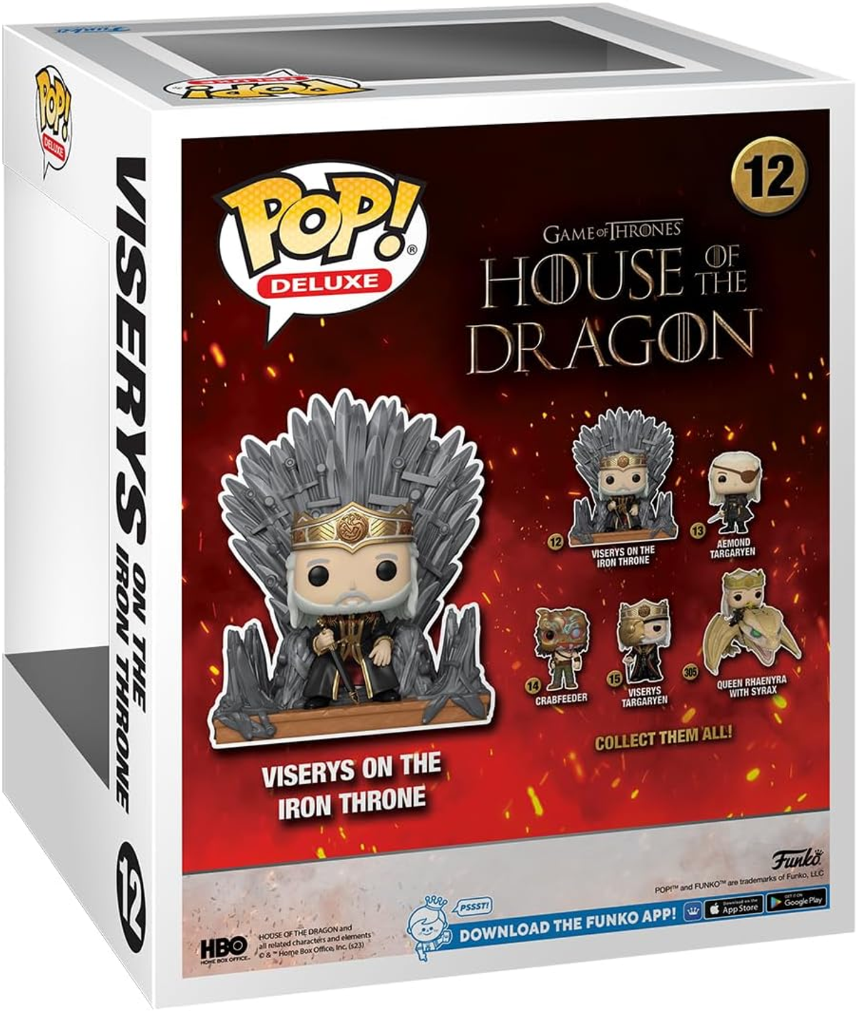 Una caja de Funko Pop con Viserys en el Trono de Hierro de House of the Dragon, con varias imágenes de personajes.