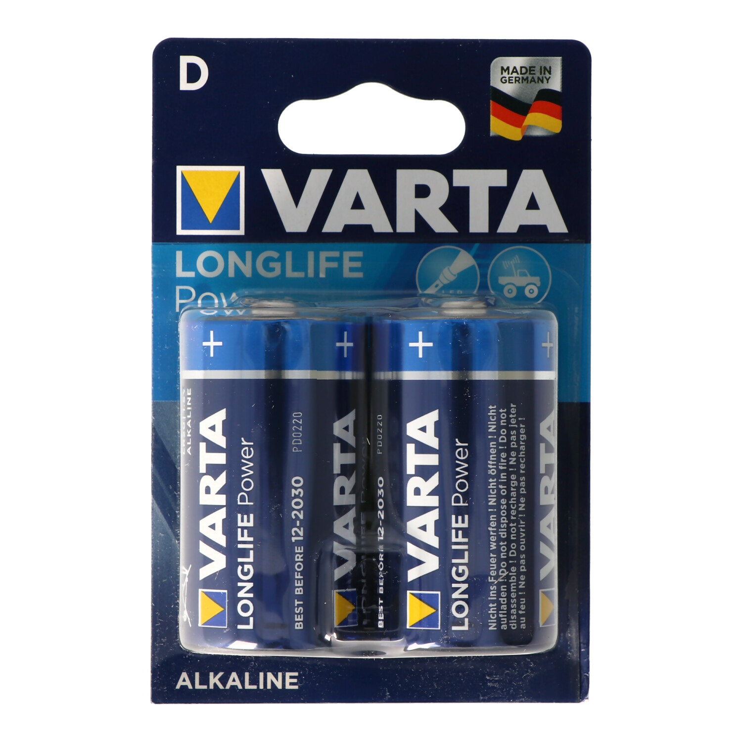 Varta Longlife Power Batterien in Verpackung, blaue Batterien. Text und Logo auf der Verpackung.