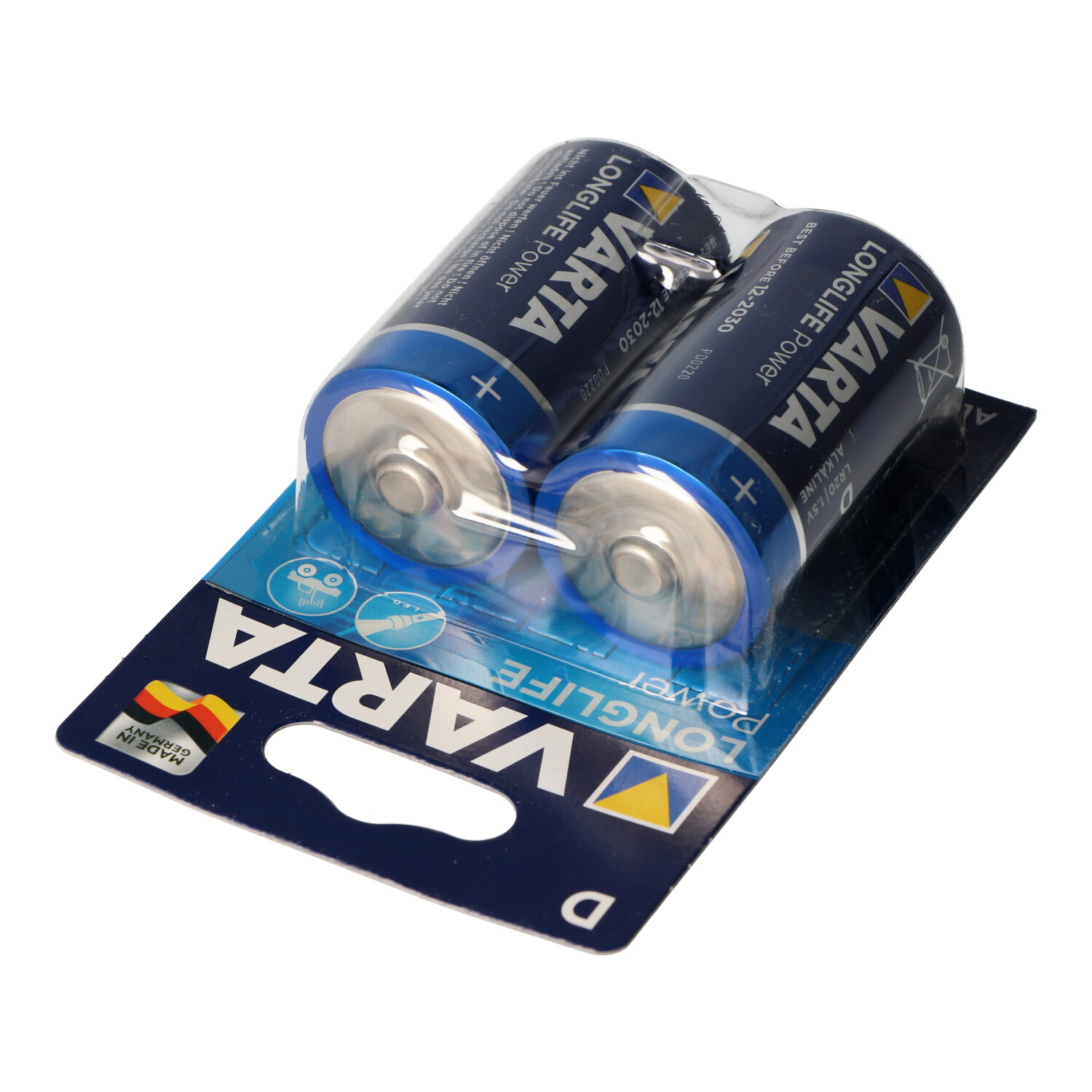 Zwei D-Batterien von VARTA in einer Kunststoffverpackung, blau und weiß. Die Verpackung hat das VARTA-Logo.