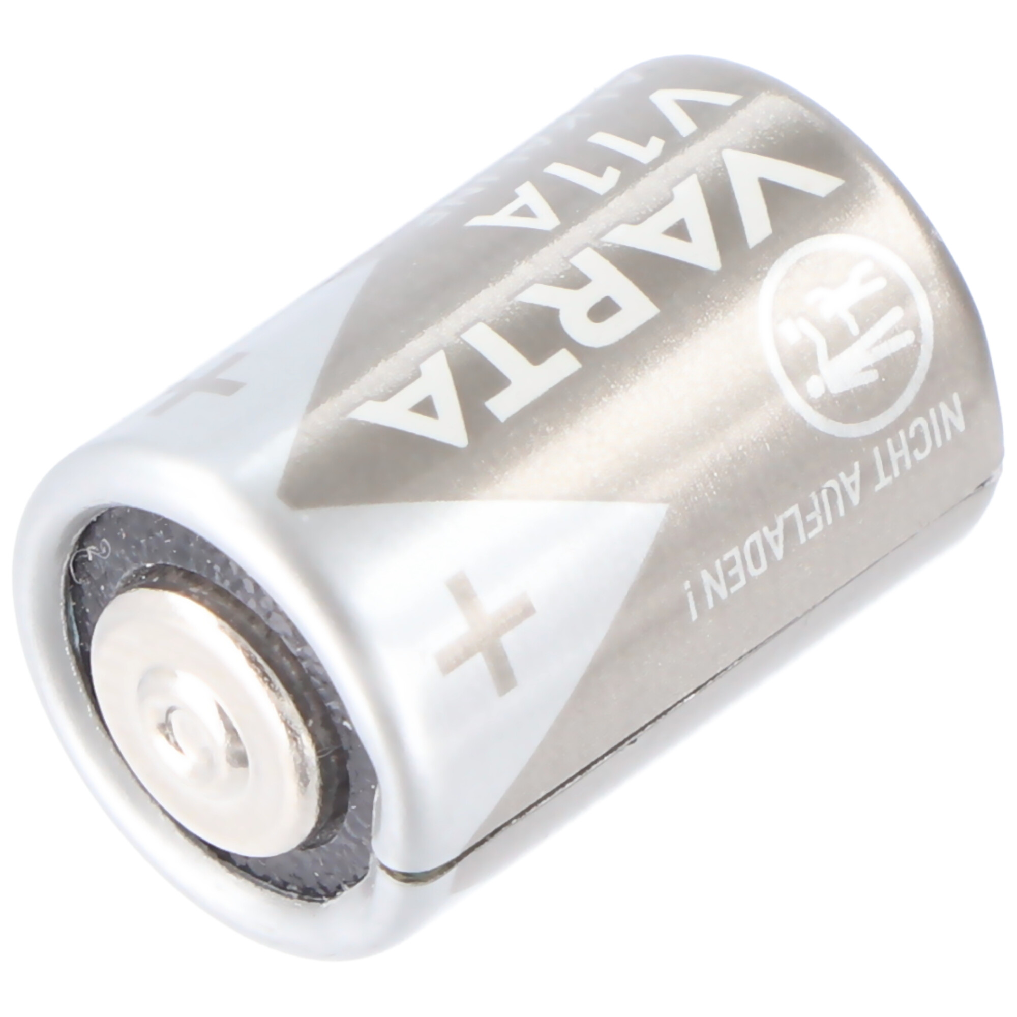 Varta-Batteriezelle. Silber- und grau gefärbt, die Batterie hat ein Plus-Symbol.