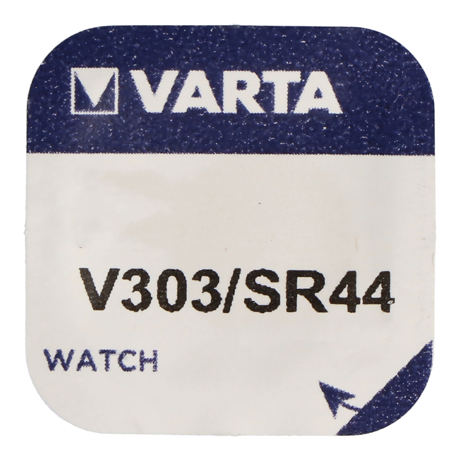 Ein Batterieetikett mit dem VARTA-Logo und dem Text: V303/SR44 WATCH.