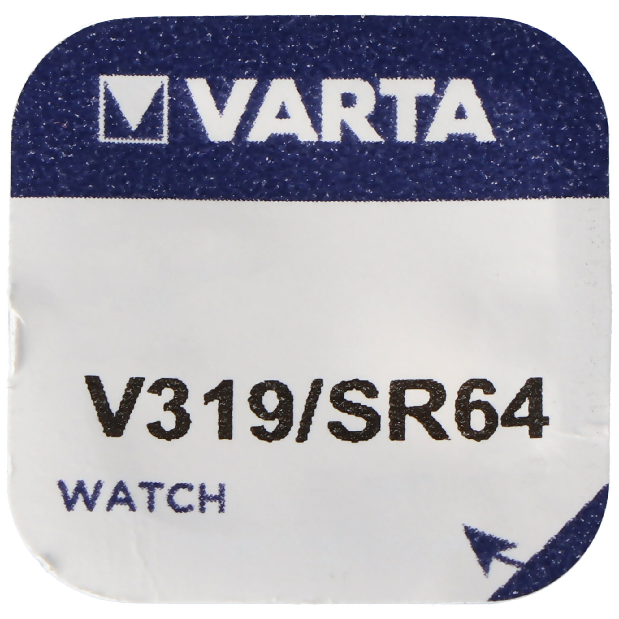 VARTA-Batterieverpackung, dunkelblau und weiß mit Text. Das Etikett zeigt den Batterietyp.