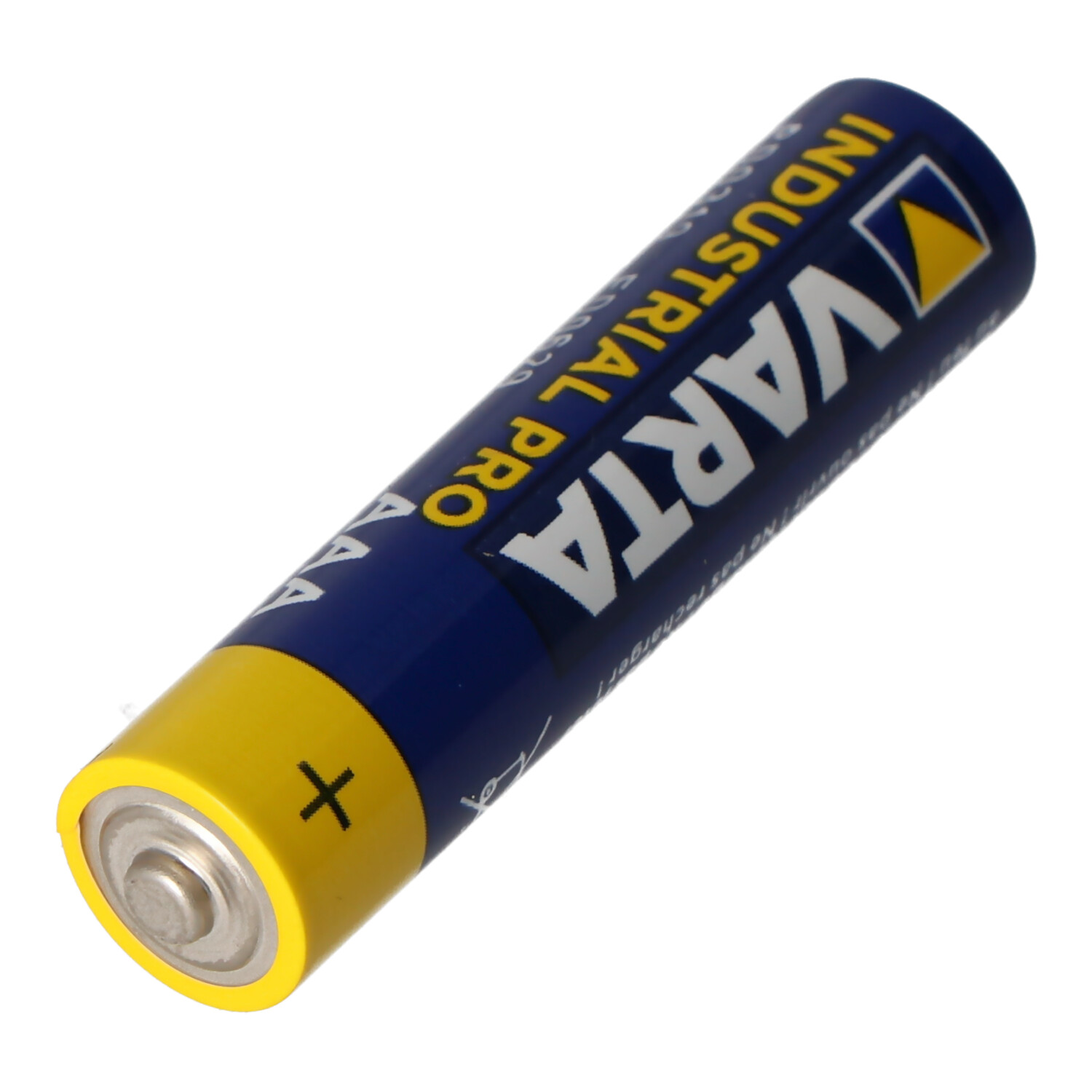Eine blaue und gelbe VARTA AAA-Batterie mit Industrial Pro-Etikett auf weißem Hintergrund.