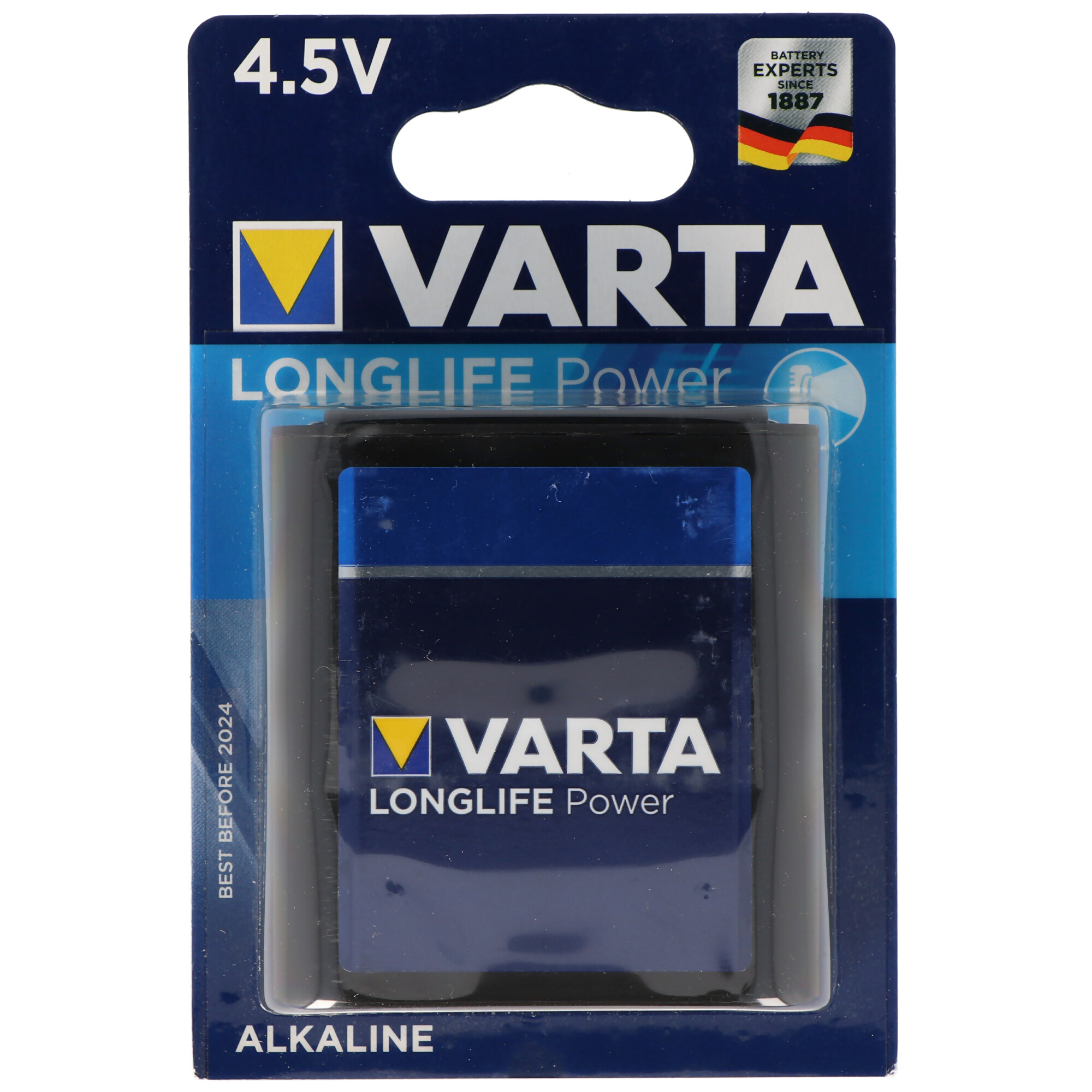 Varta-Batterieverpackung mit blauem und gelbem Design.
