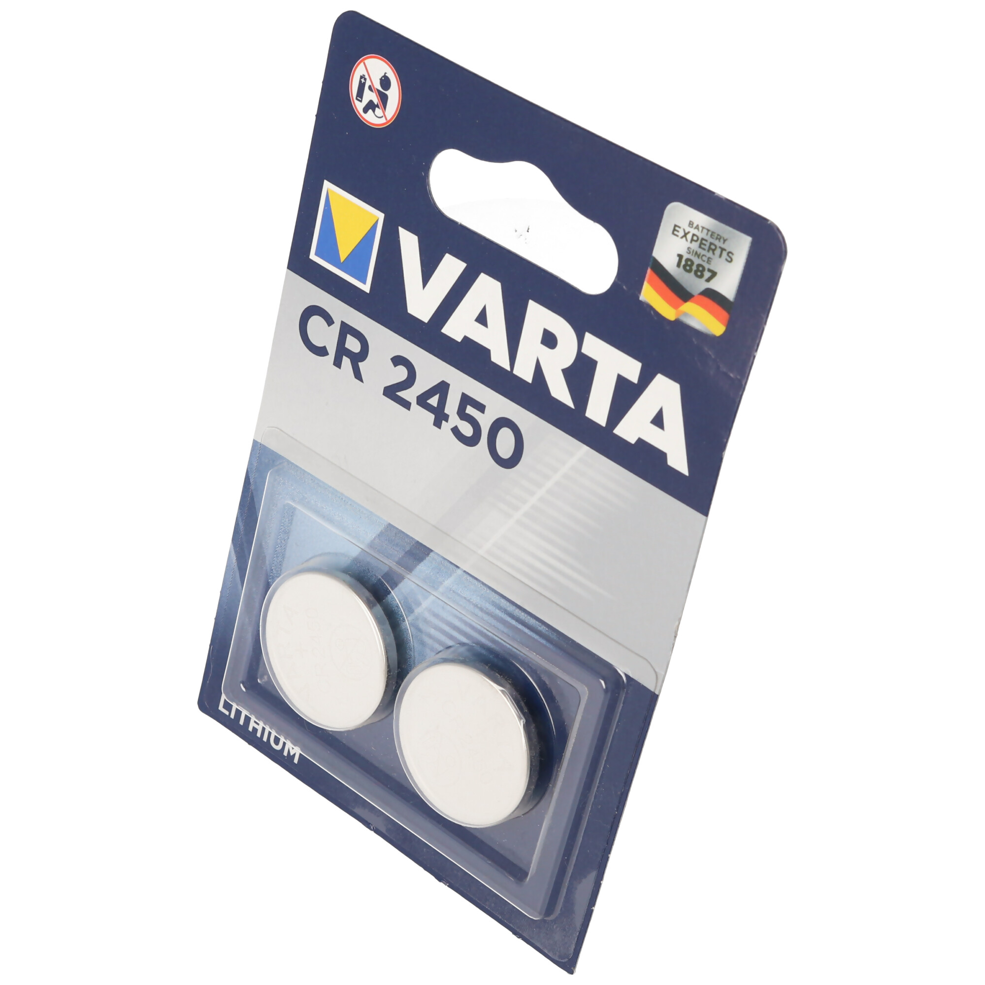 Varta CR 2450 Lithium Batterien in einer Blisterverpackung, auf weißem Hintergrund.